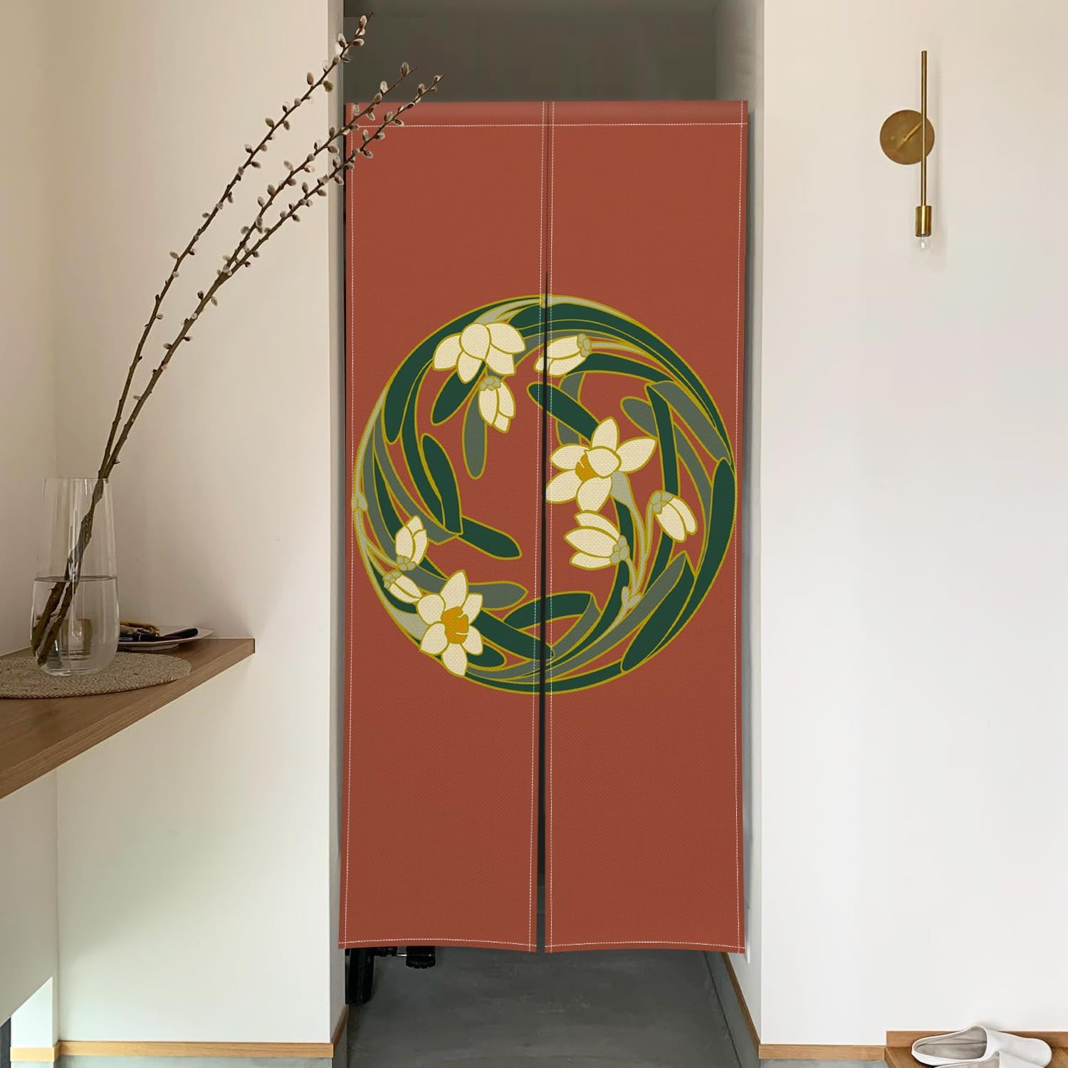 Japanese Style Door Curtain with Round Flowers Design
