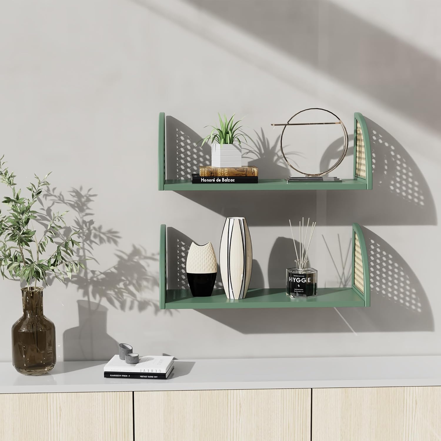 PJCOLL 16 Inch Rattan Wall Shelf - Green