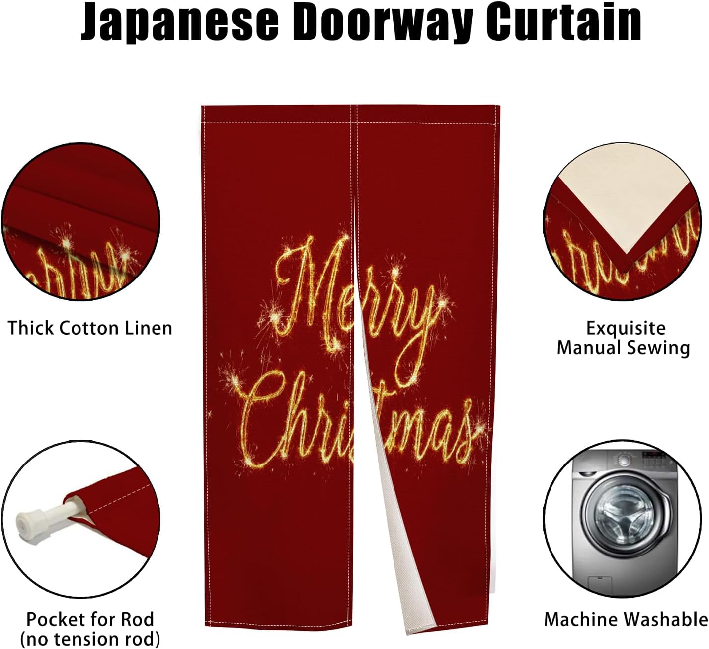 Long Japanese Noren Door Curtain with Red Christmas Print