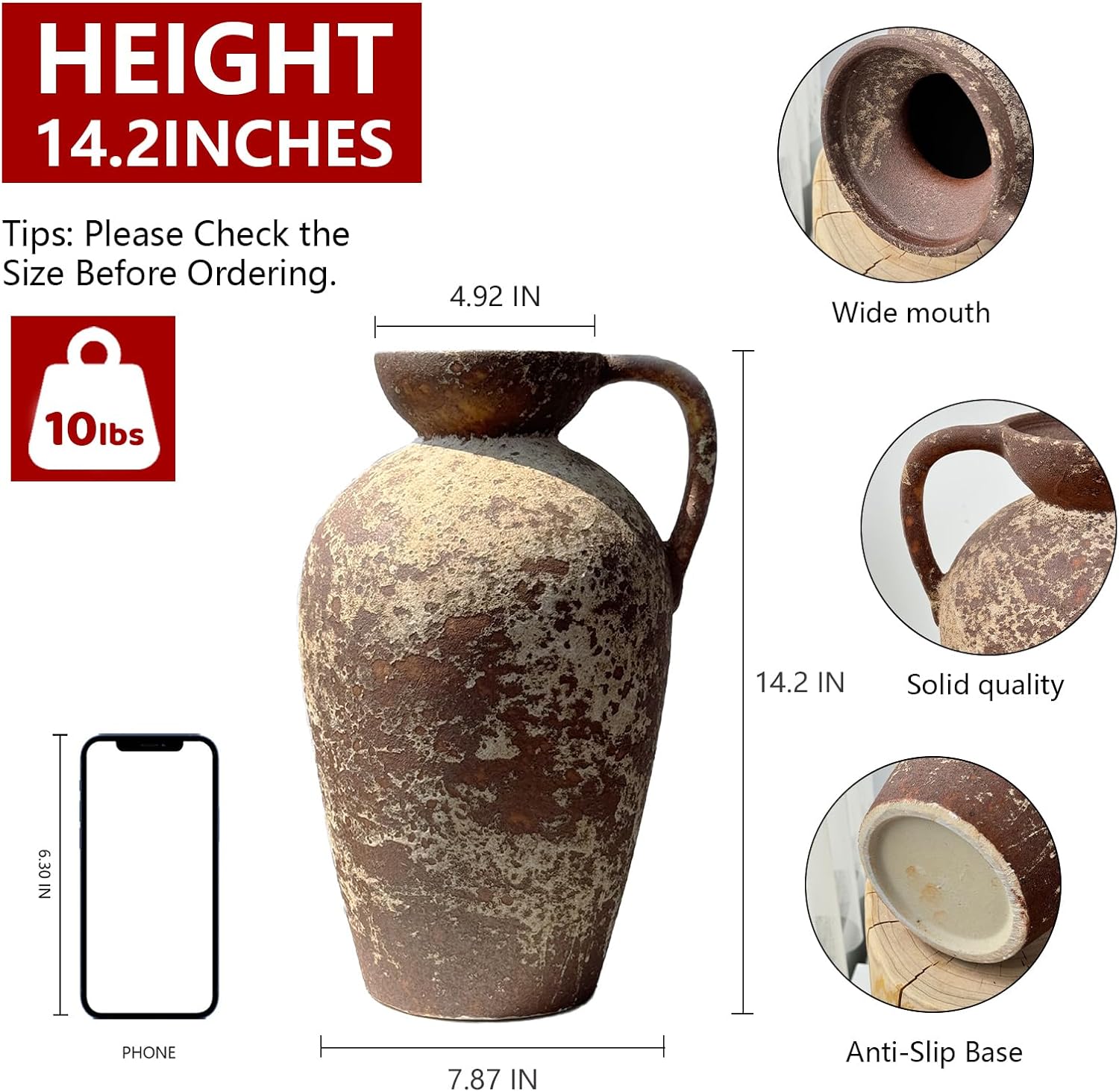 Brown Ceramic Rustic Farmhouse Vase with Handle