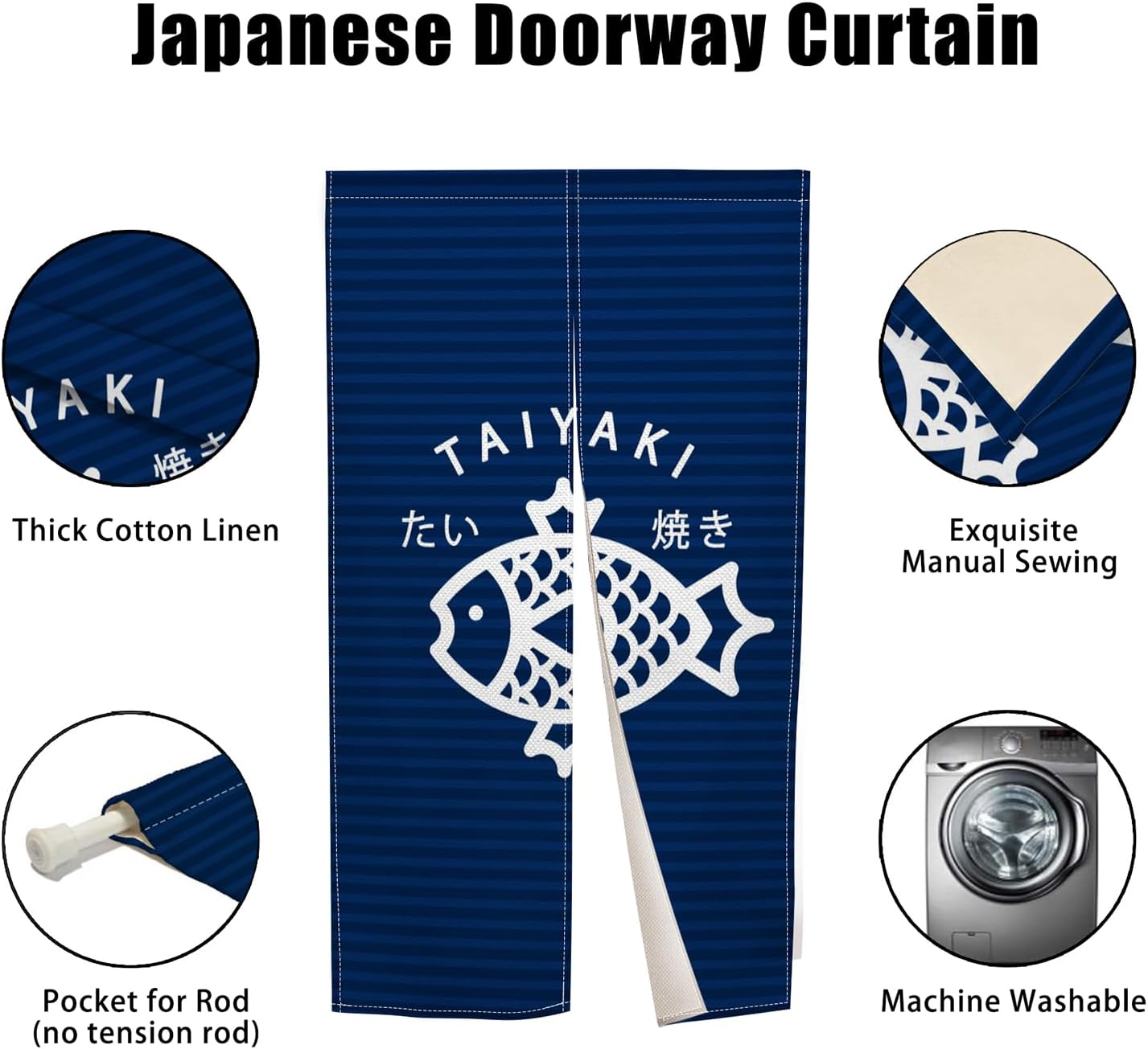 Traditional Japanese Noren Doorway Curtain with Taiyaki Print