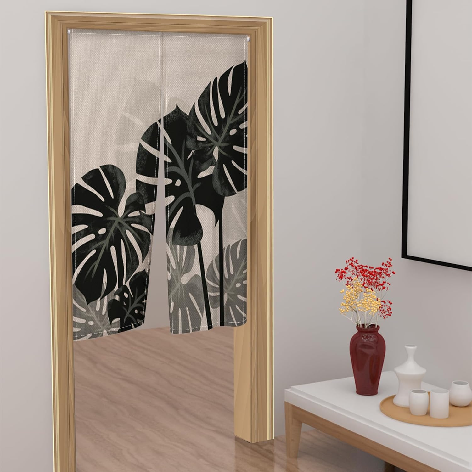Leowefowa Japanese Noren Door Curtain with Tropical Leaves Pattern