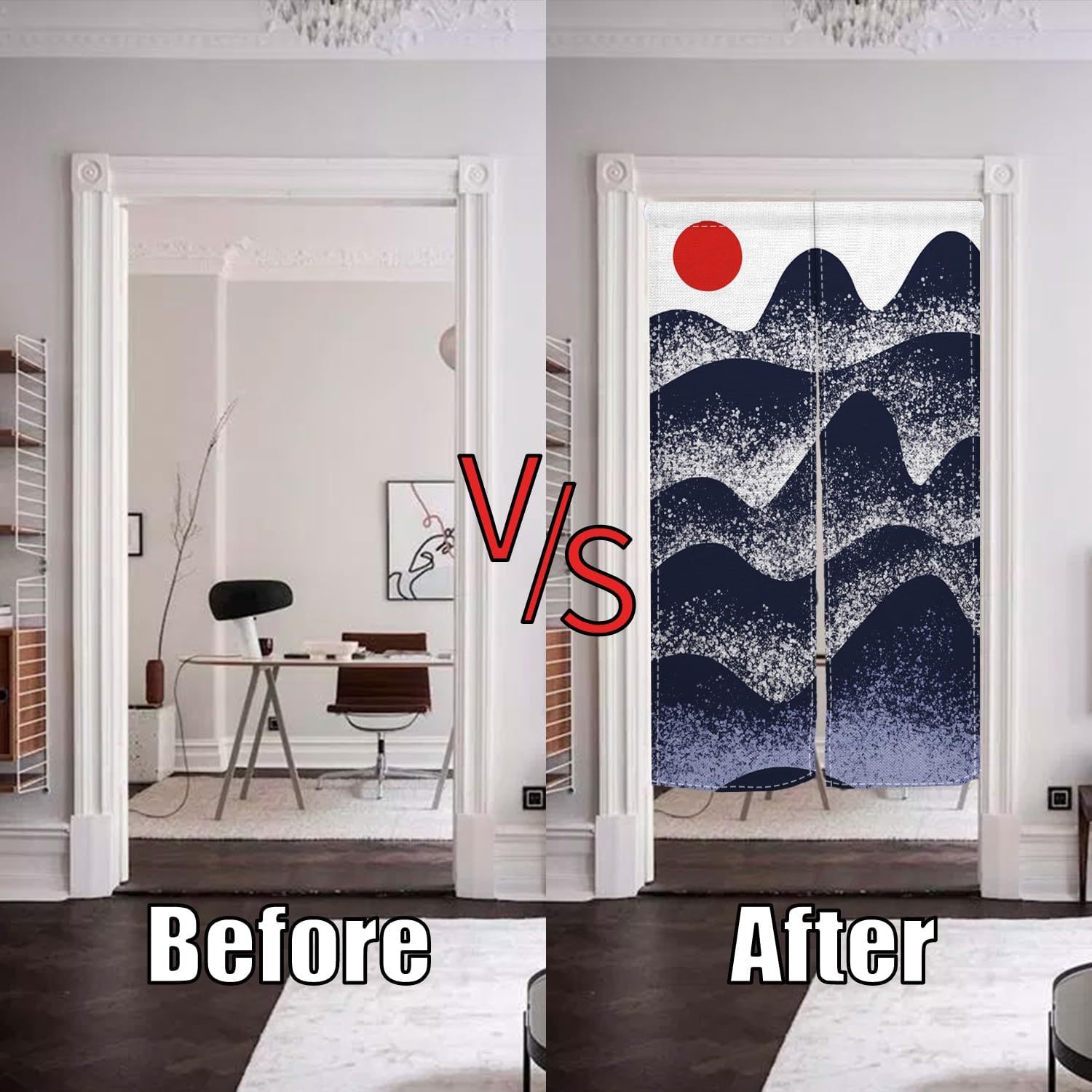 Traditional Japanese Noren Doorway Curtain with Sunset Mountain Print