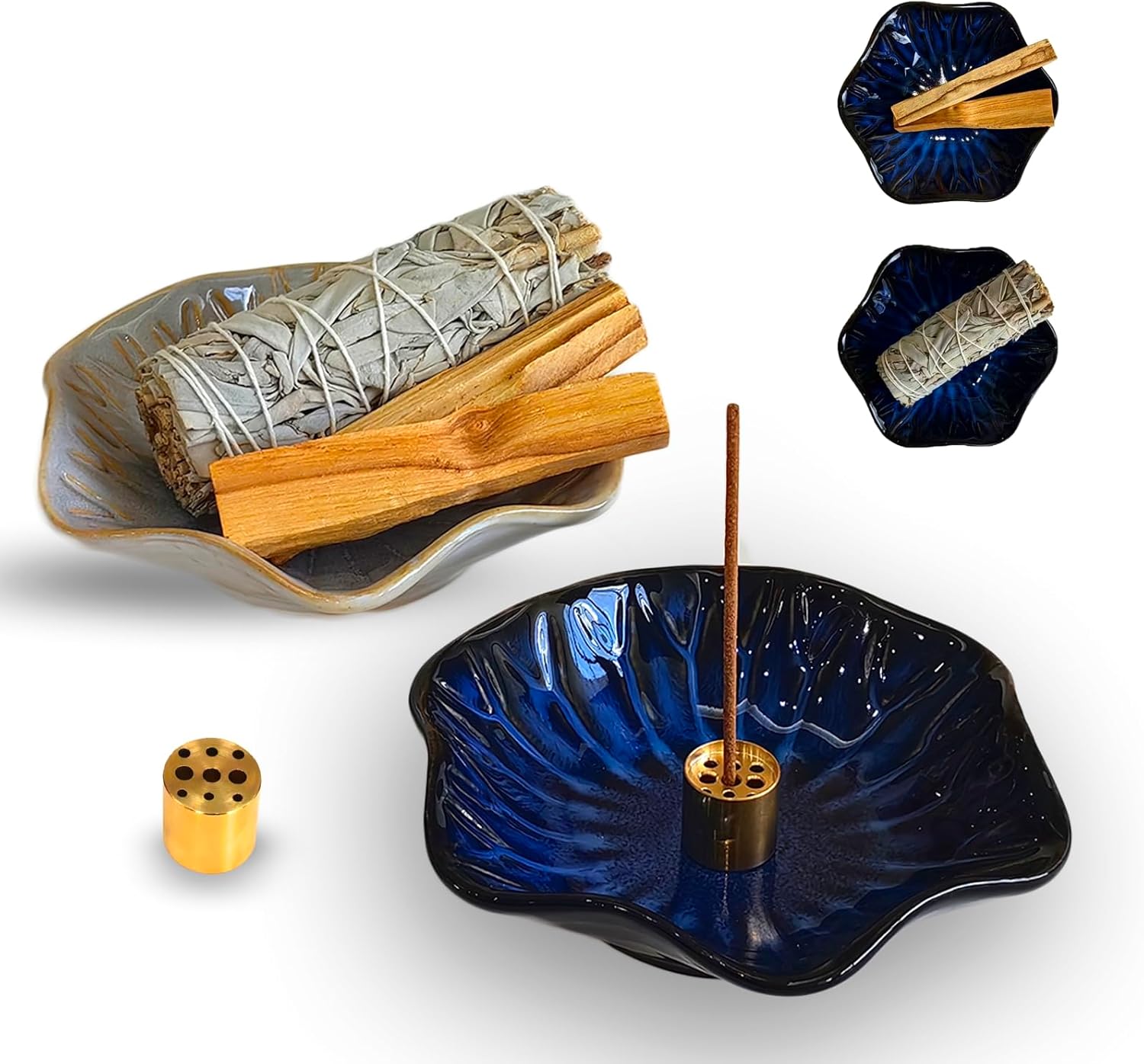 ASBEFORE Ceramic Incense Holder 2PCS Blue Grey Flower