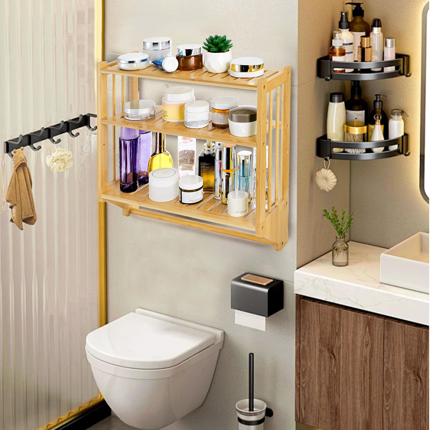 Goaste Bamboo Wall Mounted 3 Tier Shelf Organizer