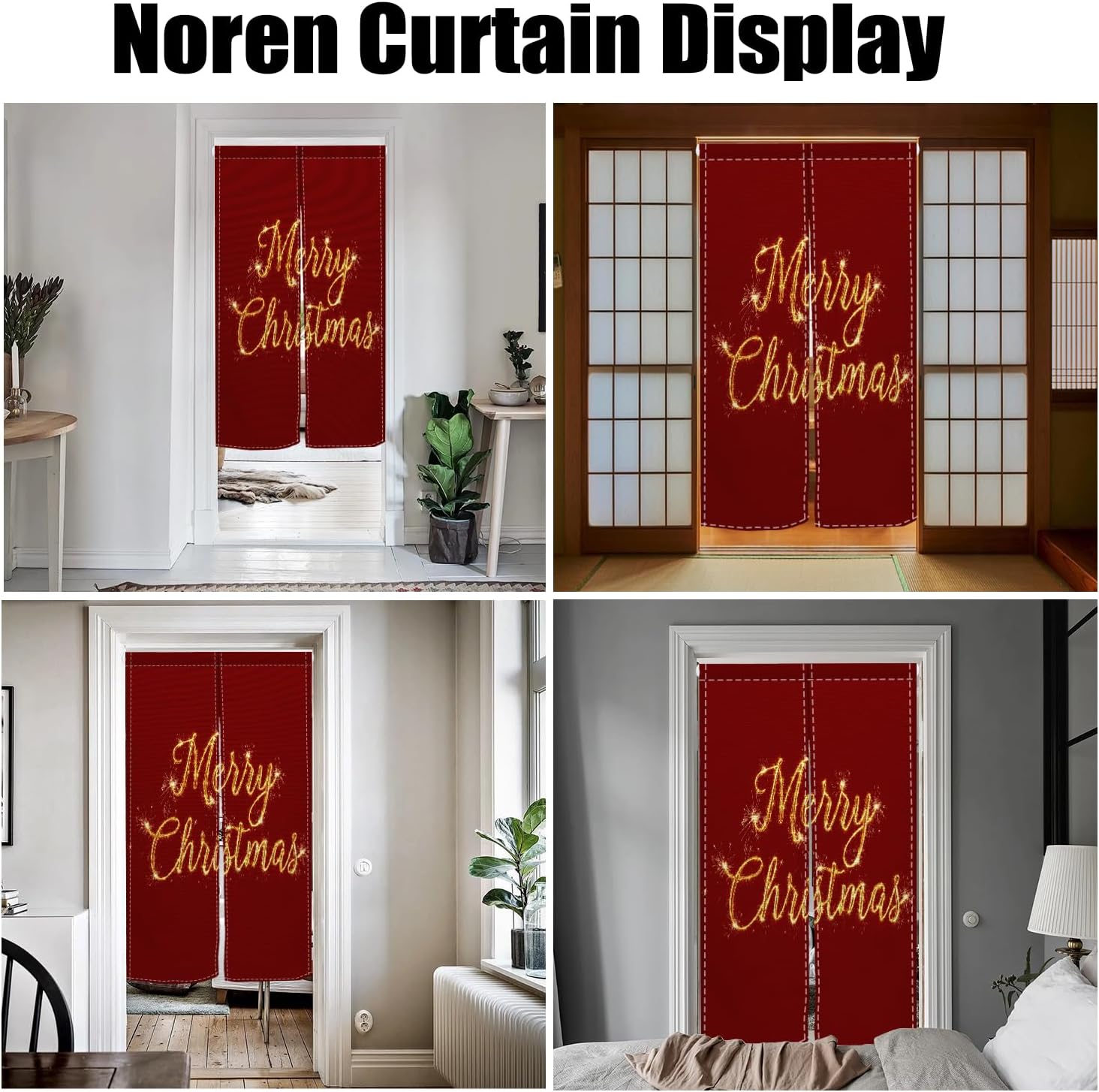 Long Japanese Noren Door Curtain with Red Christmas Print
