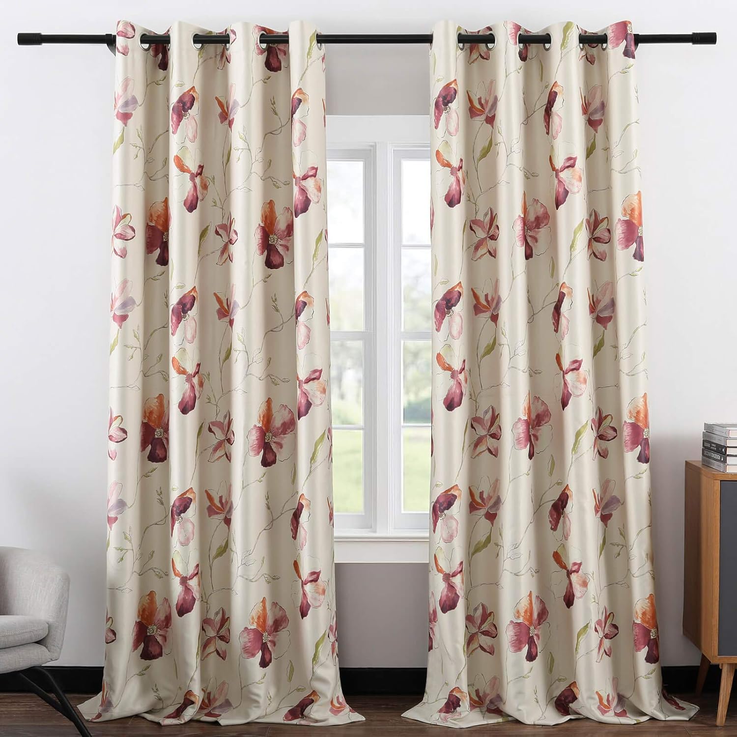 Leeva Wide Blackout Farmhouse Curtains 2 Panels 52x96 Red Flowers