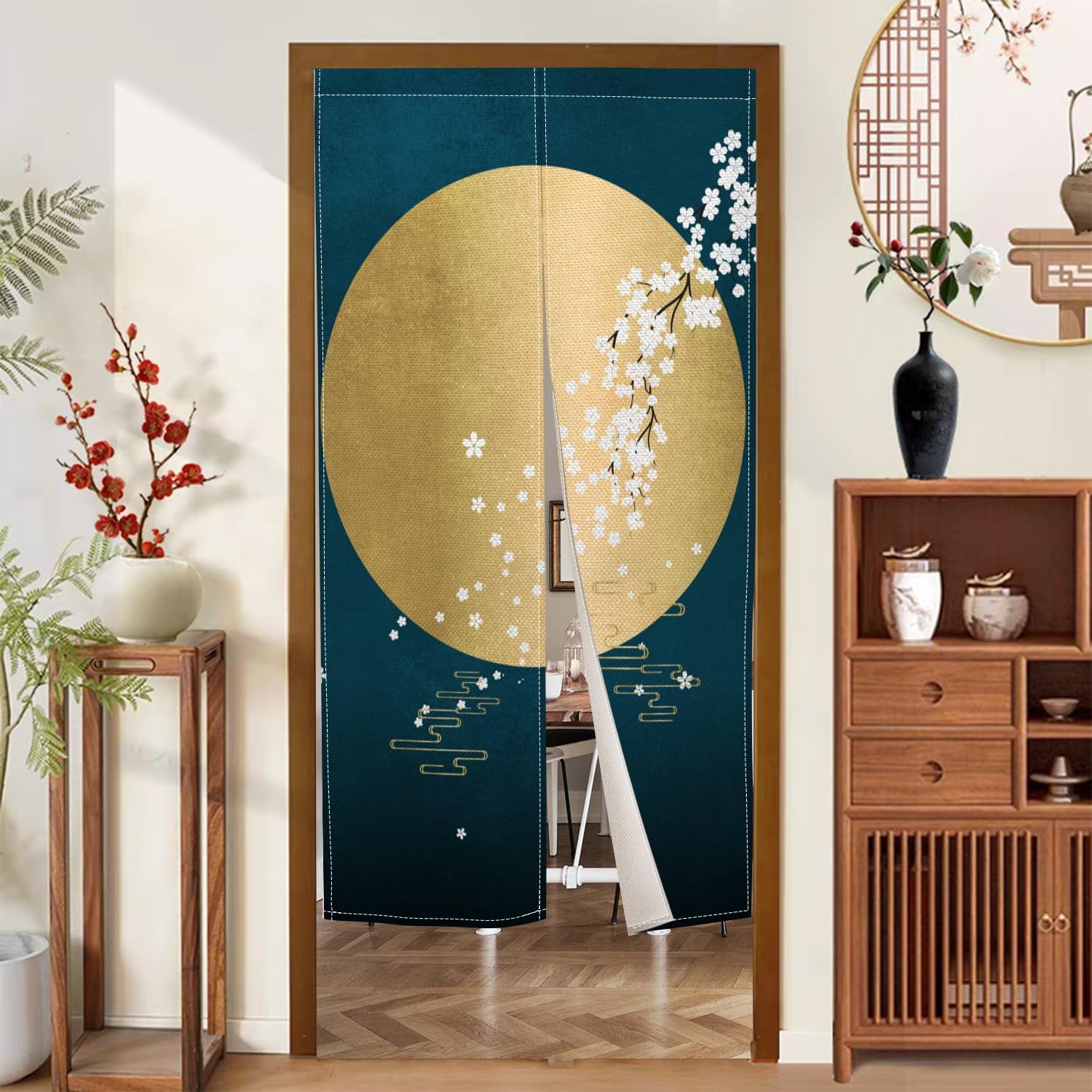 Japanese Noren Door Curtain with Ukiyoe Round Moon Print 34x60 Inches