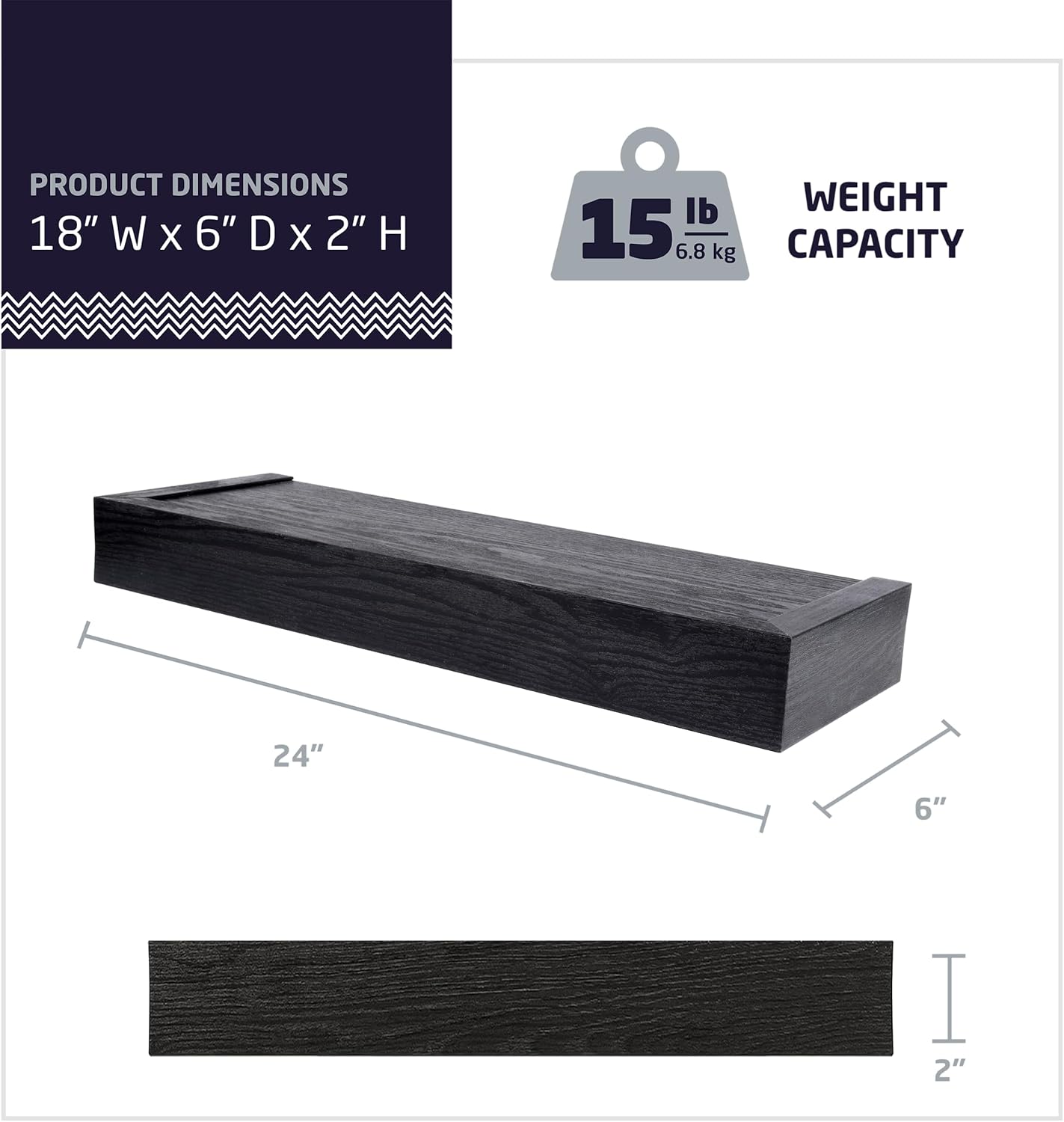 HIGH MIGHTY 18 Inch Floating Shelf 15 Lbs Black