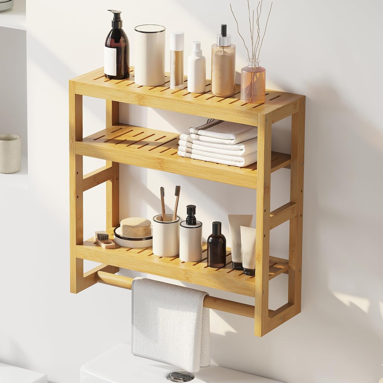 Bathroom Shelves with Hanging Bar Over Toilet - Adjustable Wall Organizer Natural