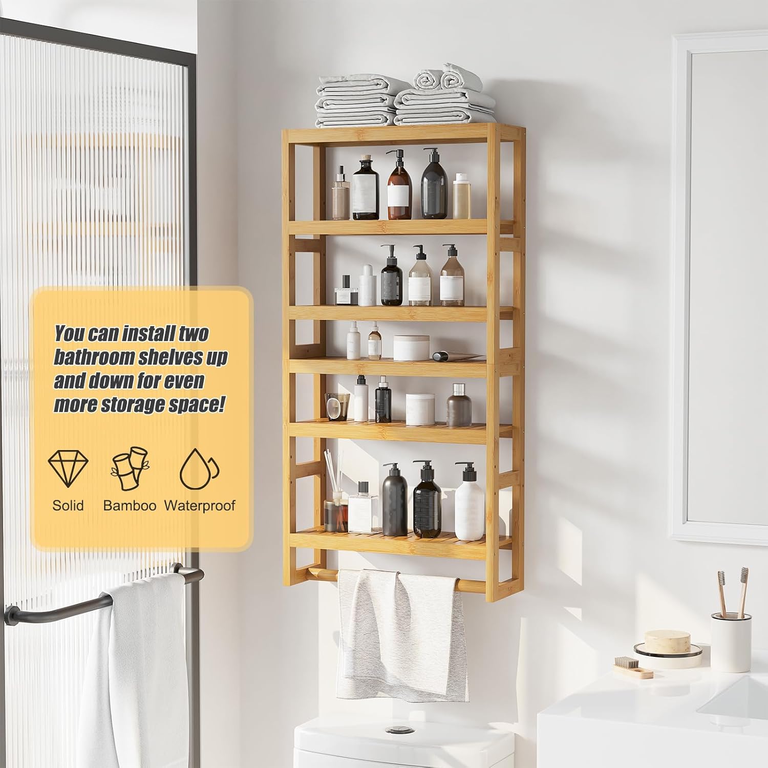 Bathroom Shelves with Hanging Bar Over Toilet - Adjustable Wall Organizer Natural