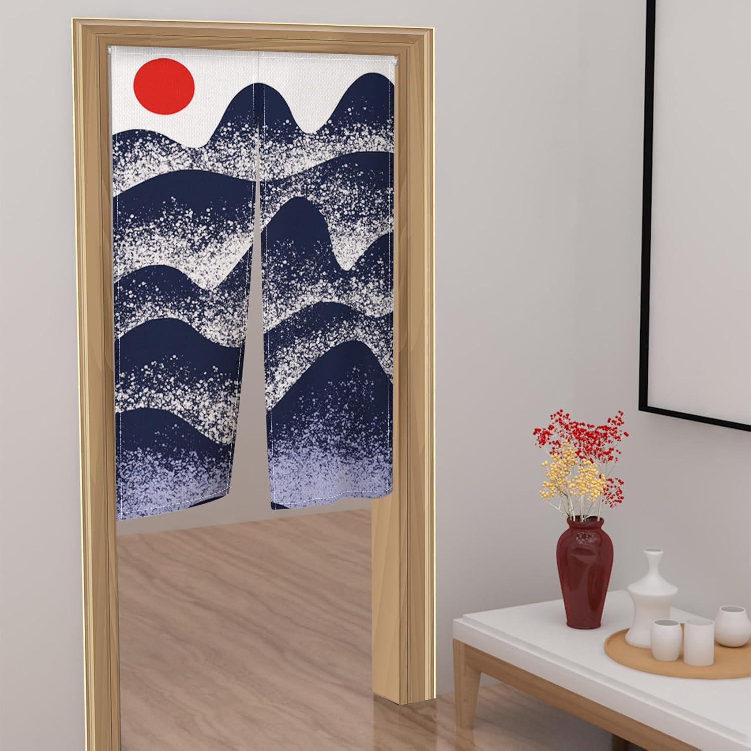 Japanese Noren Door Curtain with Sunset Mountain Landscape Design