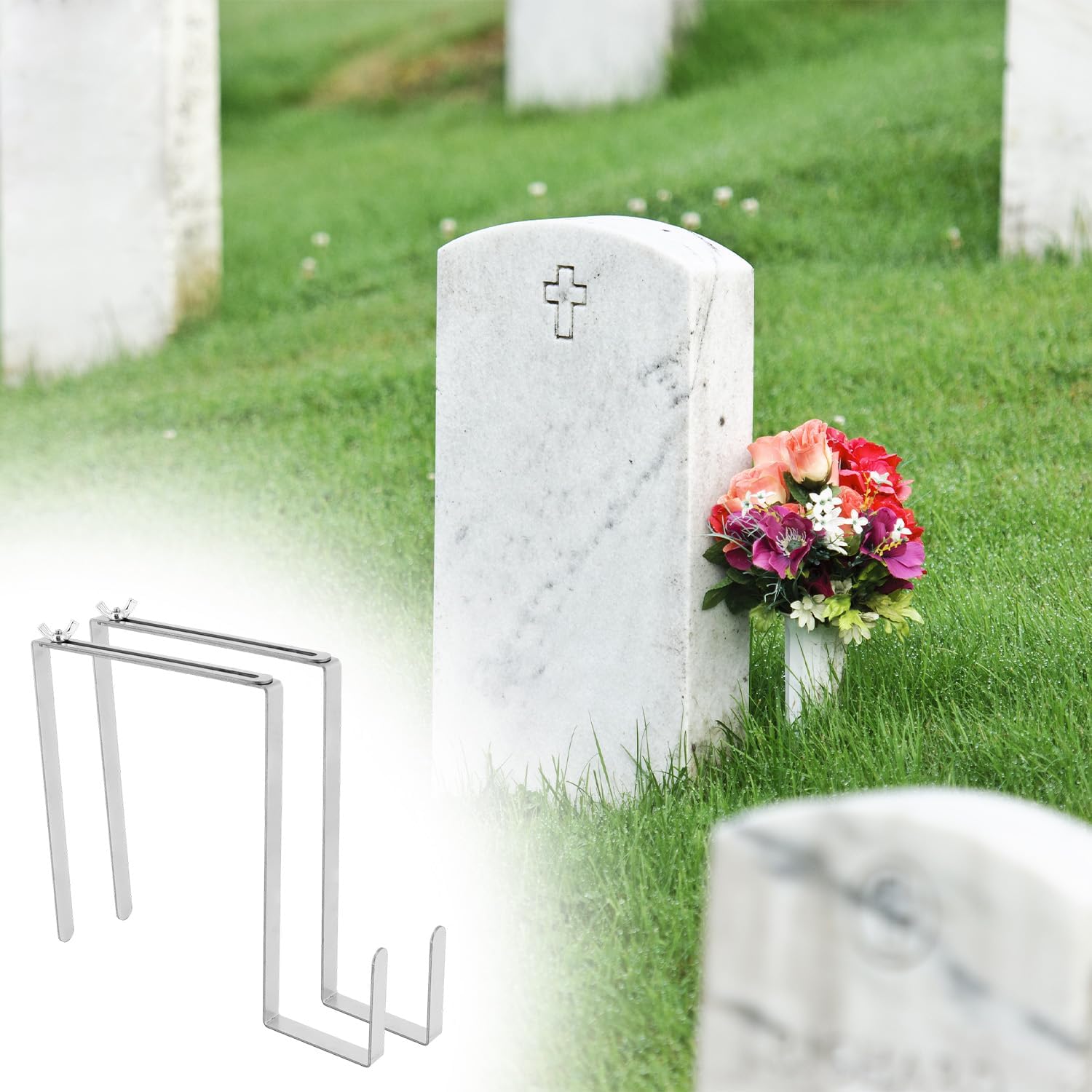 QWORK Christmas Headstone Wreath Hanger - 2 Pcs Adjustable Stainless Steel
