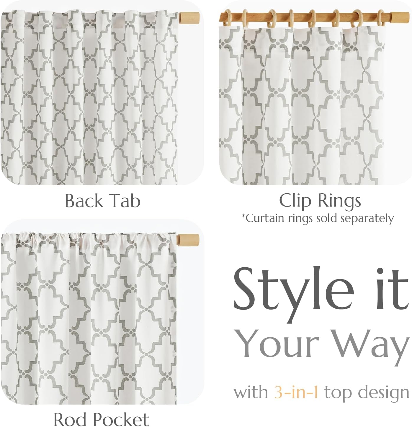 Jinchan Linen Curtains Moroccan Trellis Print Grey 2 Panels Rod Pocket