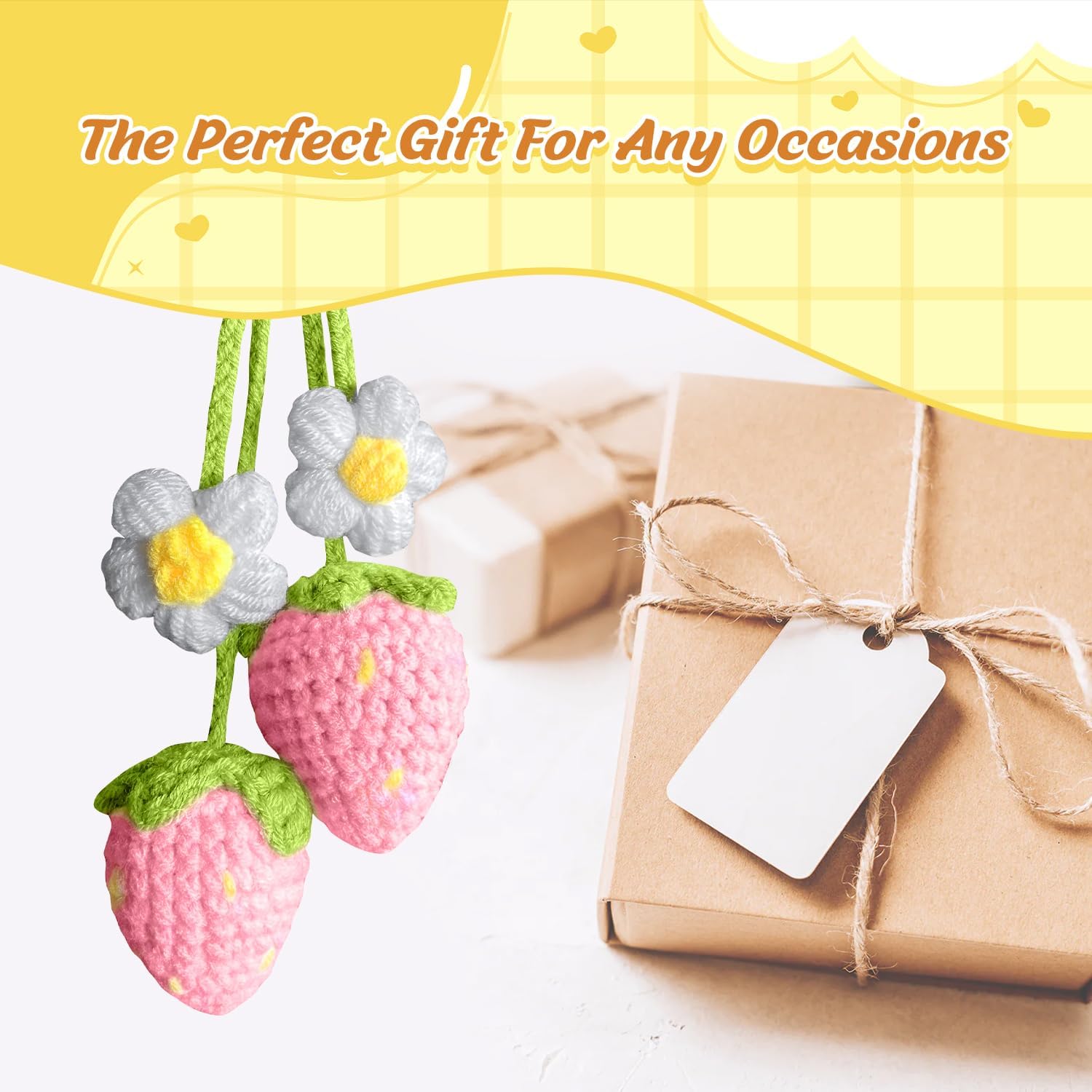 Crochet Strawberry Rear View Mirror Ornament for Women