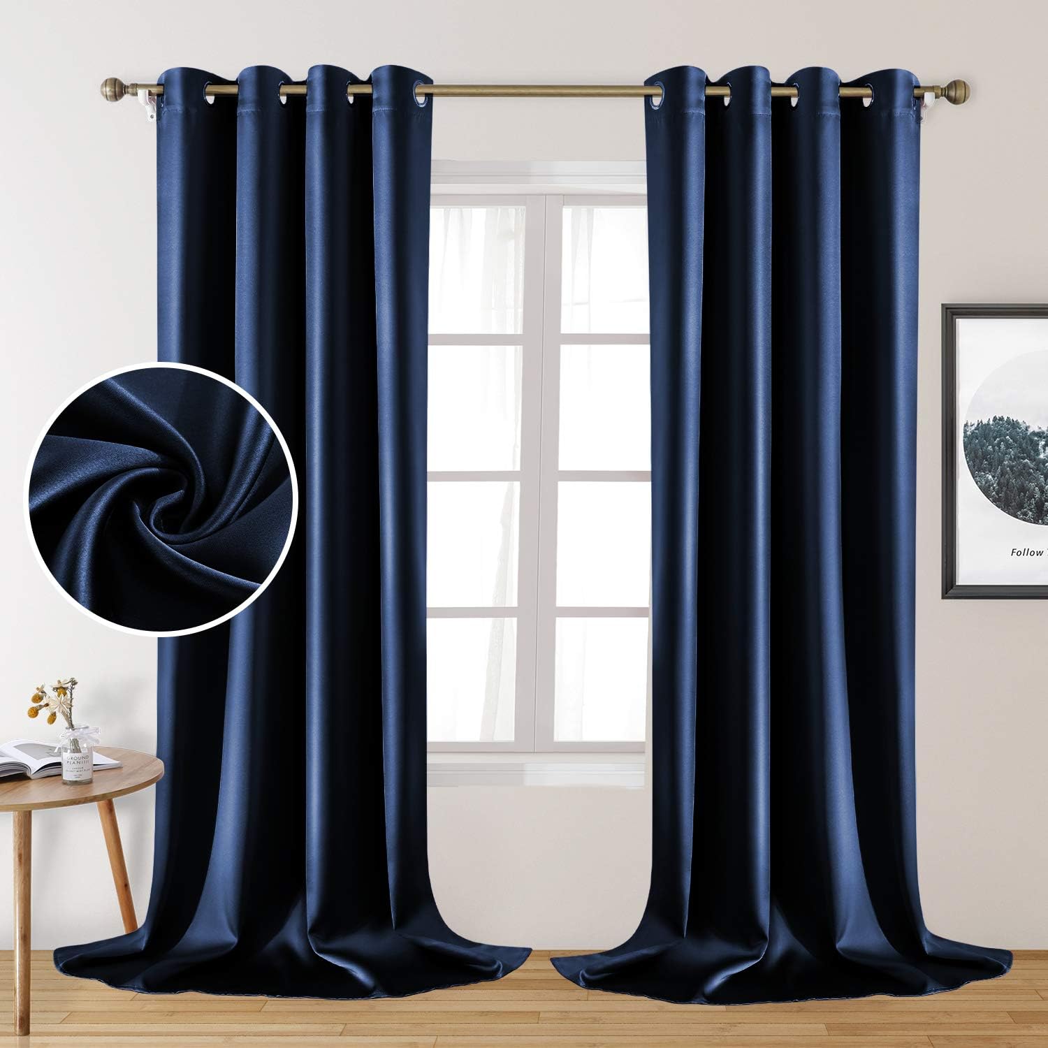 HOMEIDEAS 2 Panels Navy Blue Faux Silk Blackout Curtains 52x108 Inch