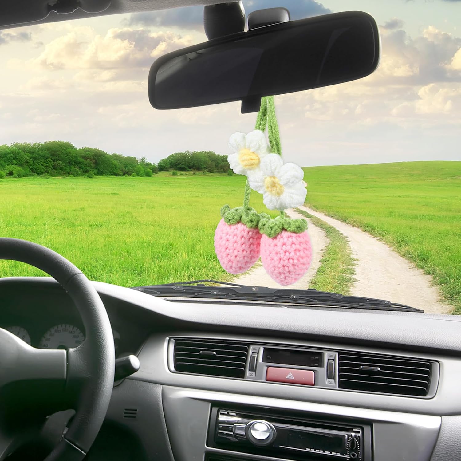 Crochet Car Mirror Hanger Strawberry Flower Girly Decoration