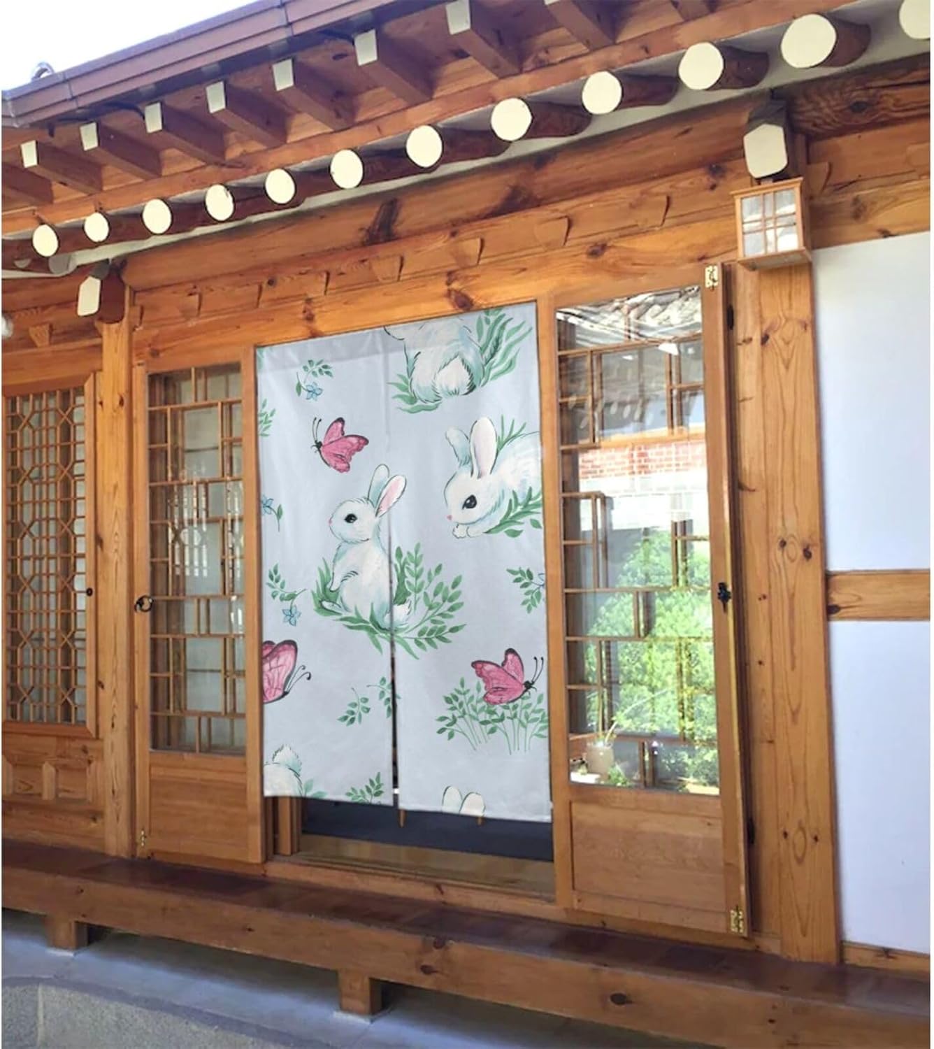 Japanese Doorway Curtain White Rabbit and Butterfly Design