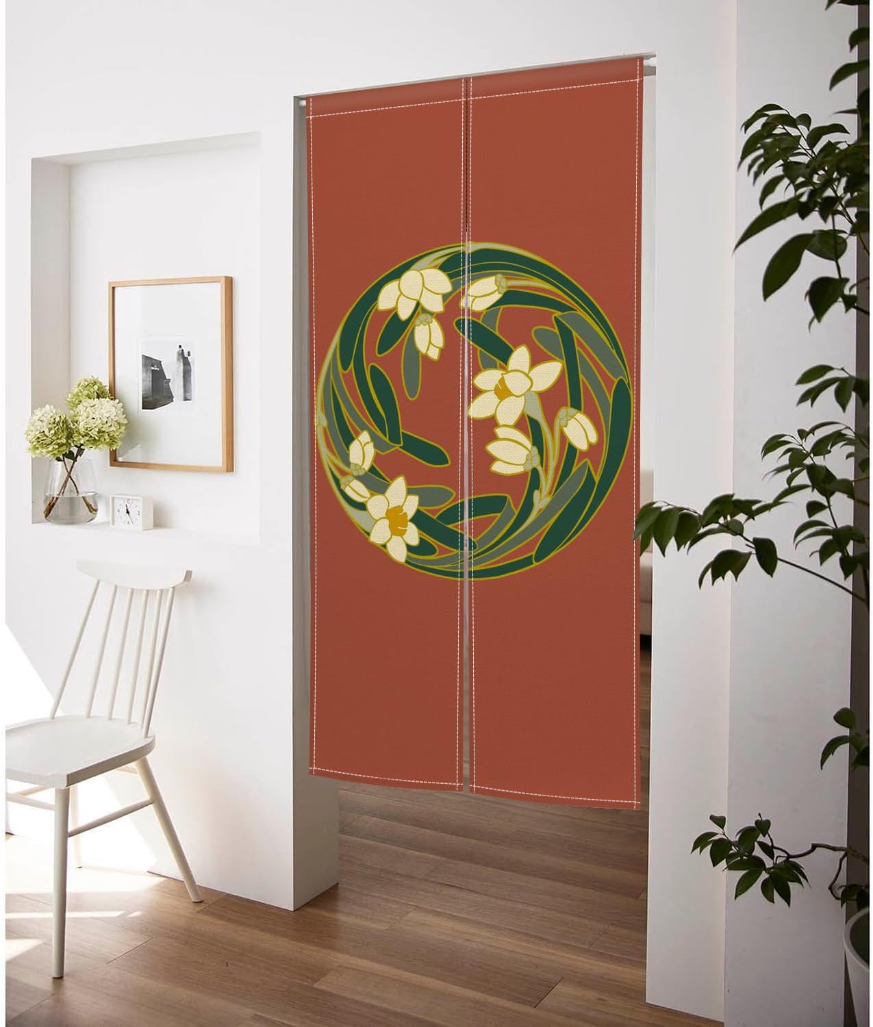 Japanese Style Door Curtain with Round Flowers Design