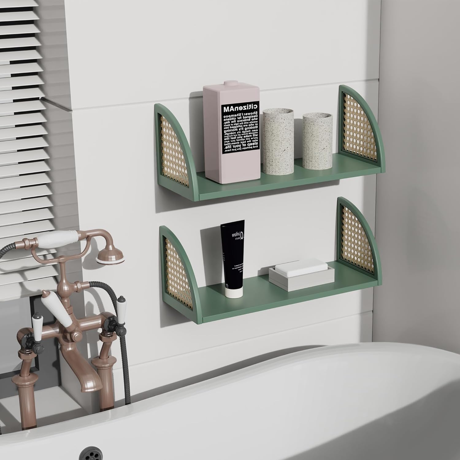 PJCOLL 16 Inch Rattan Wall Shelf - Green