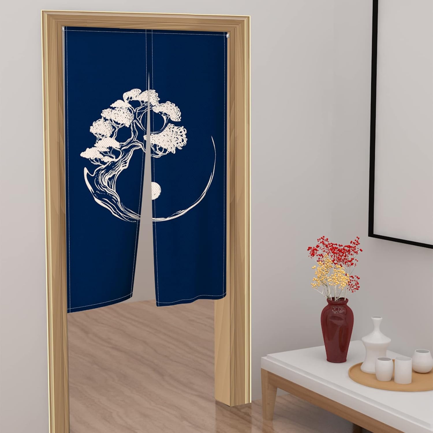 Leowefowa Deep Blue Door Curtain with Abstract Pattern