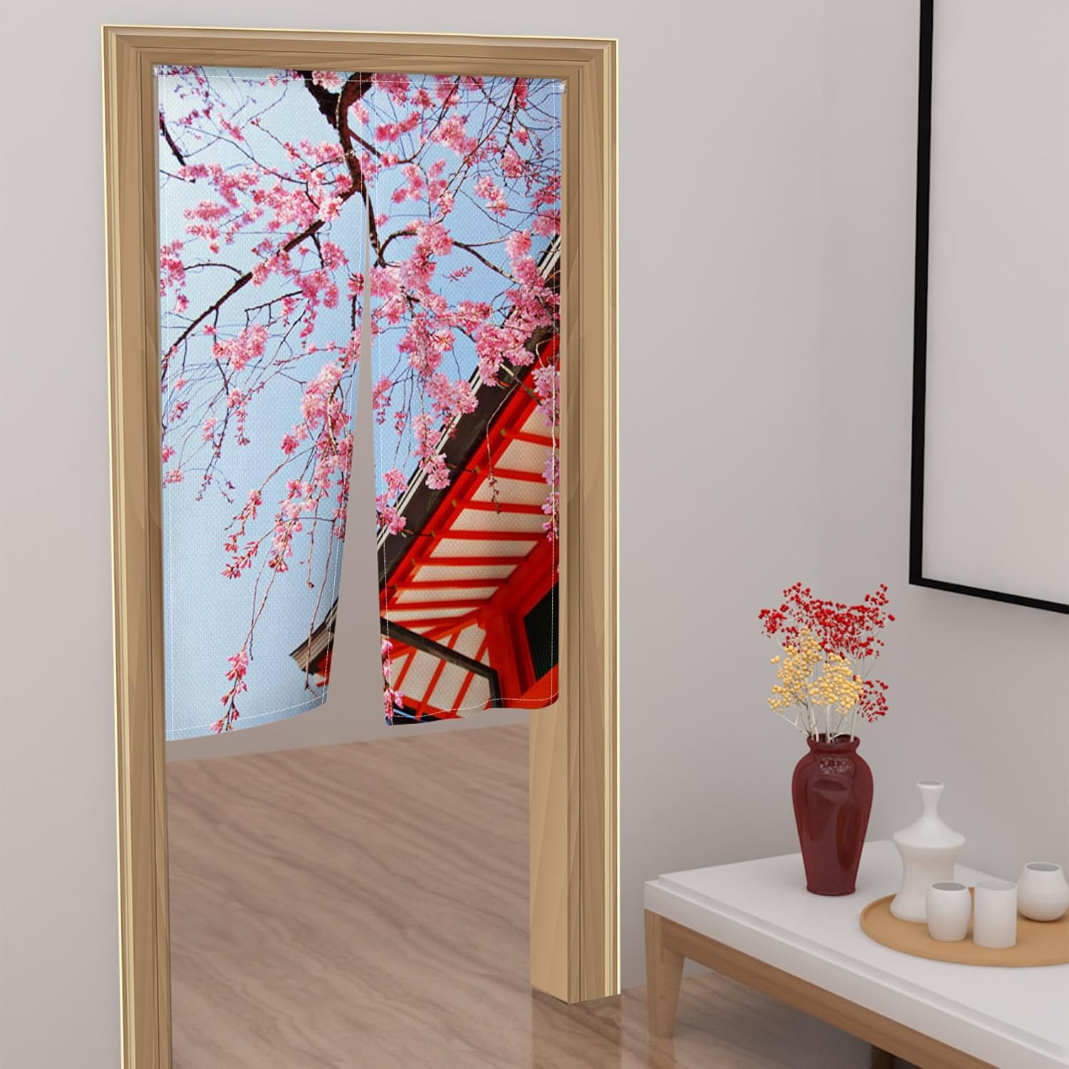 Leowefowa Japanese Noren Doorway Curtain Pink Cherry Blossom Panel 34x60
