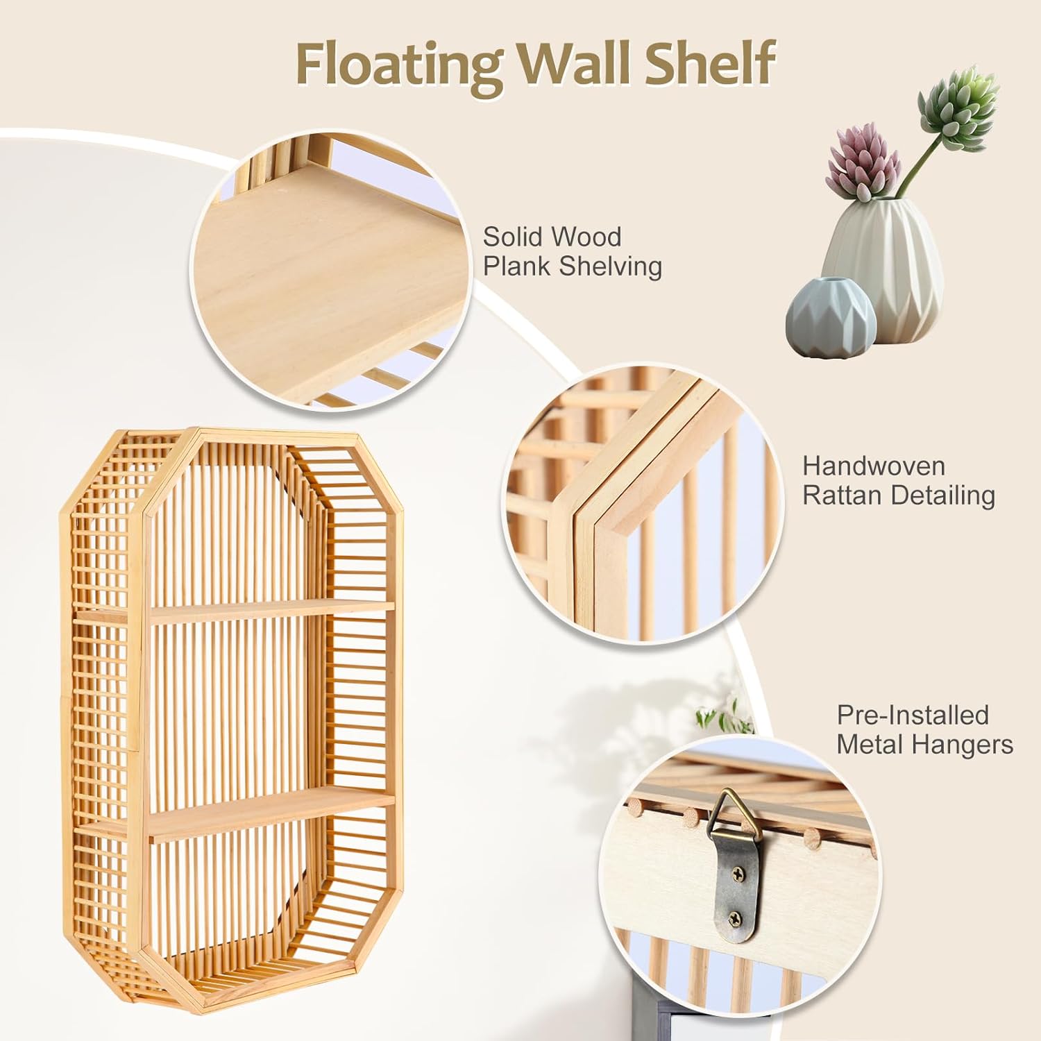 TOEEBR Square Floating Wall Shelf 2 Tier Bamboo Decor