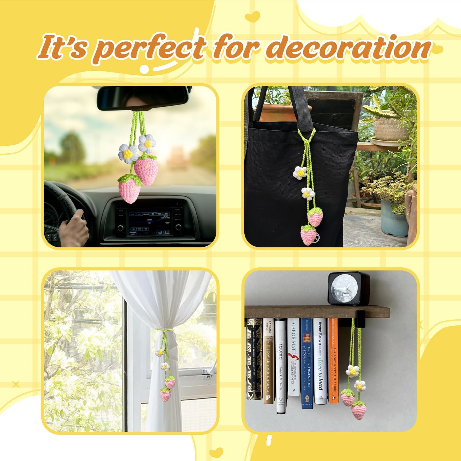 Crochet Strawberry Rear View Mirror Ornament for Women