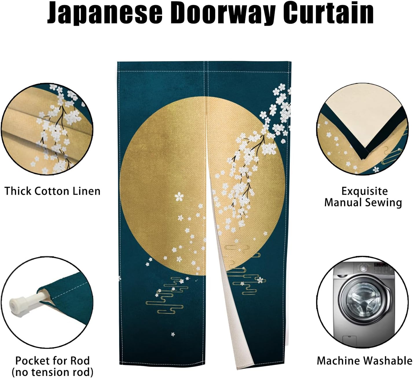 Japanese Noren Door Curtain with Ukiyoe Round Moon Print 34x60 Inches
