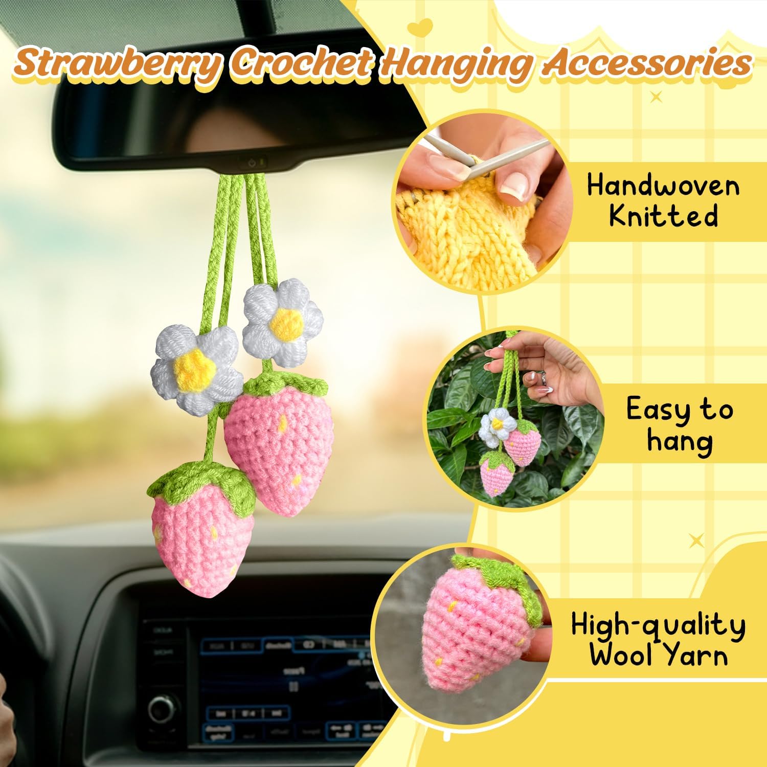 Crochet Strawberry Rear View Mirror Ornament for Women