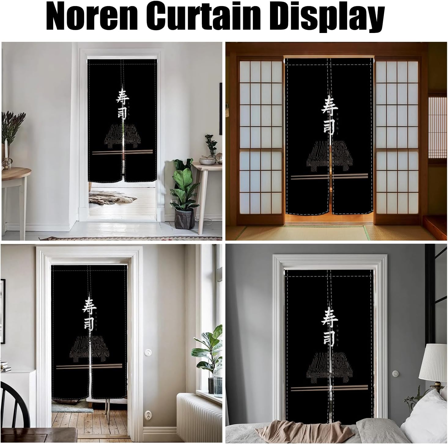 Traditional Japanese Style Door Curtain Black Sushi Pattern