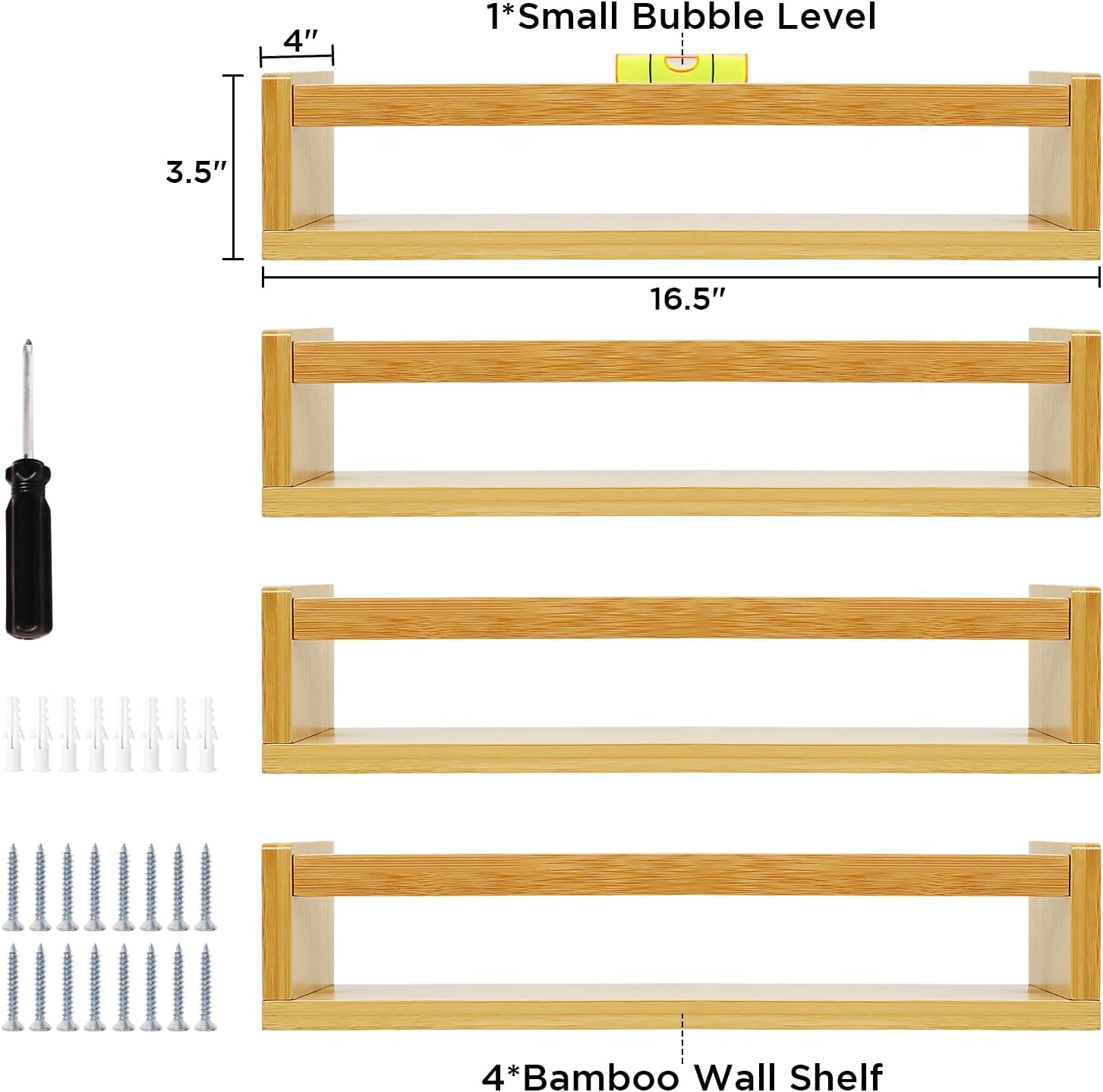 Ollieroo Four Floating Bamboo Book Shelves Wall Mounted