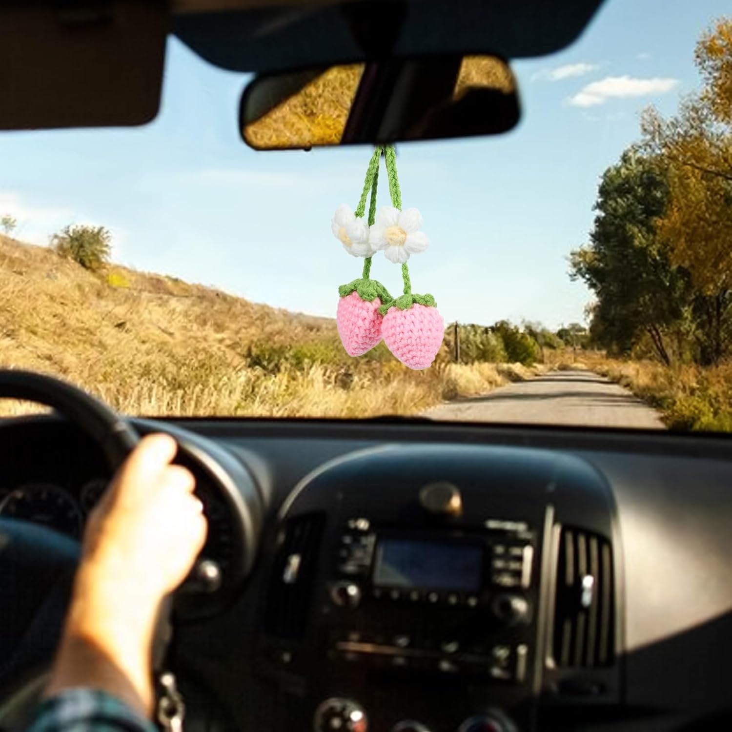 2 Pack Crochet Strawberry Flower Car Hanging Ornaments for Women
