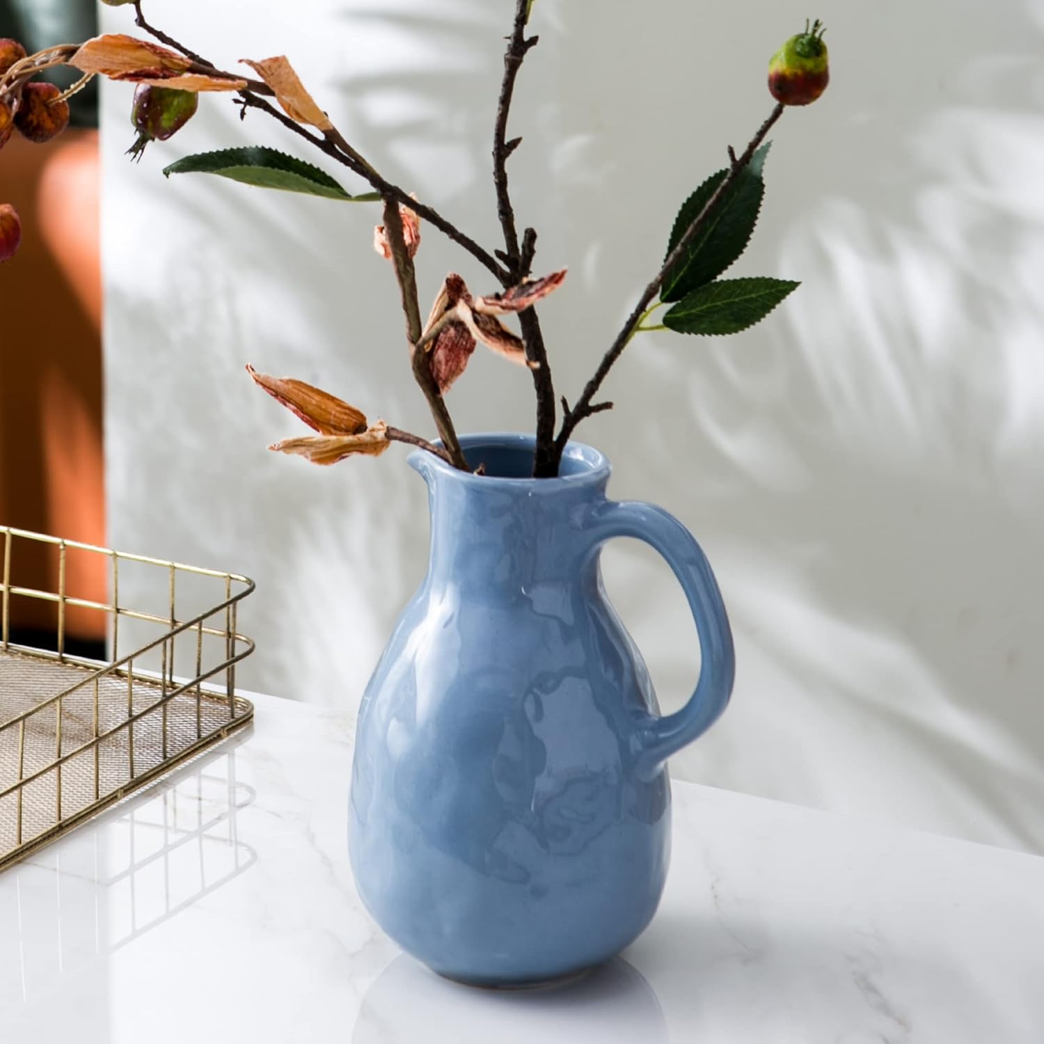 Kimdio Blue Ceramic Pitcher Vase with Handle