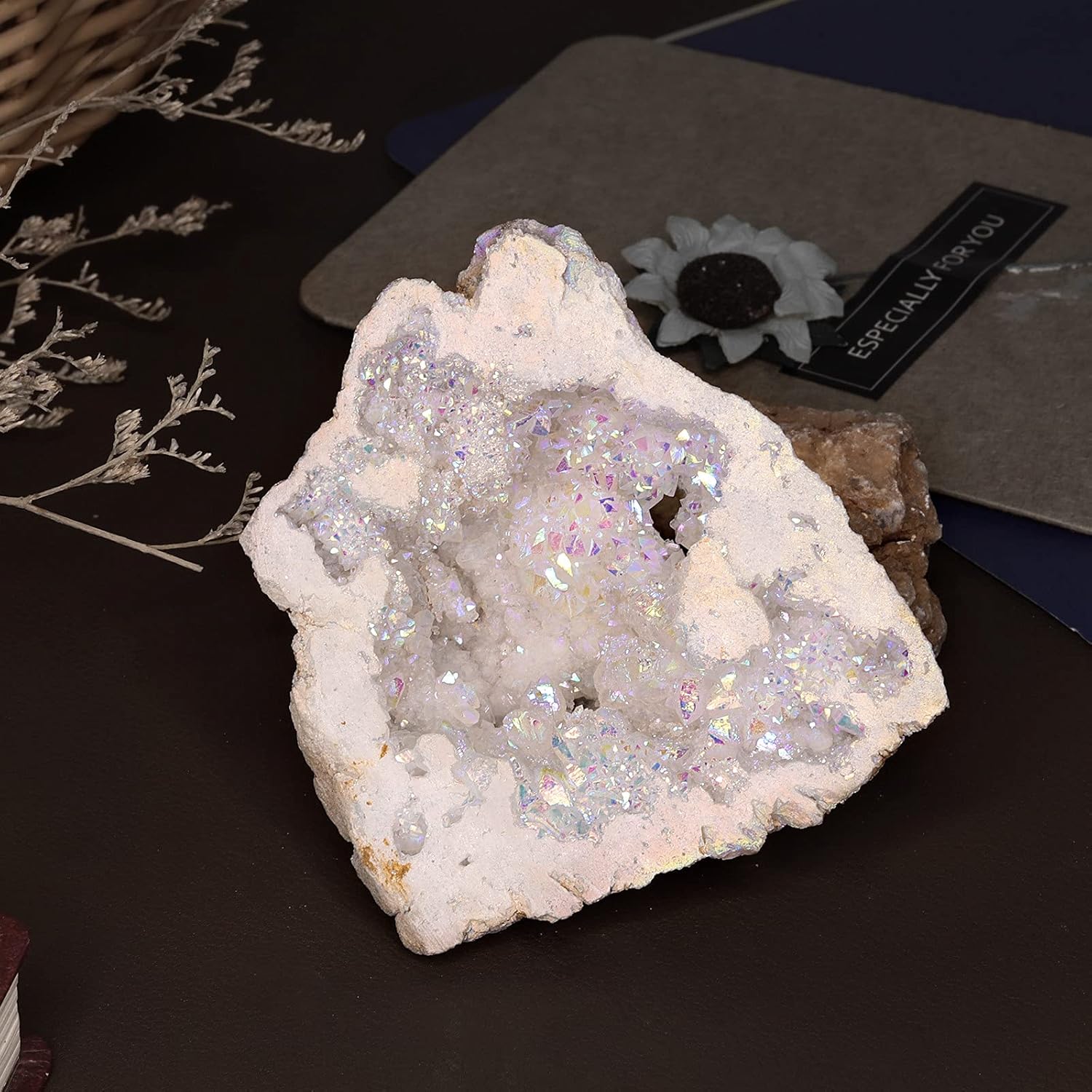 Rockcloud White AB Crystal Geode for Home Office Decoration