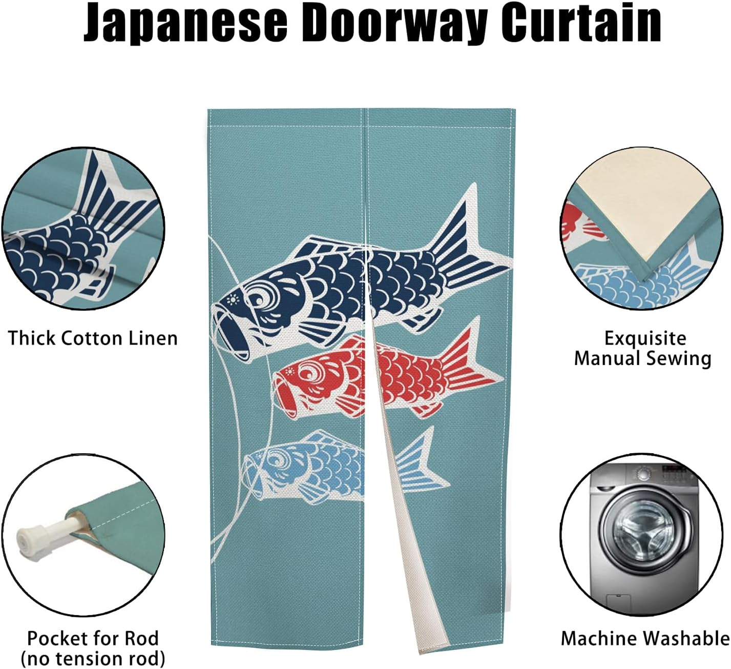 Traditional Long Style Japanese Noren Door Curtain with Blue Fishes Print