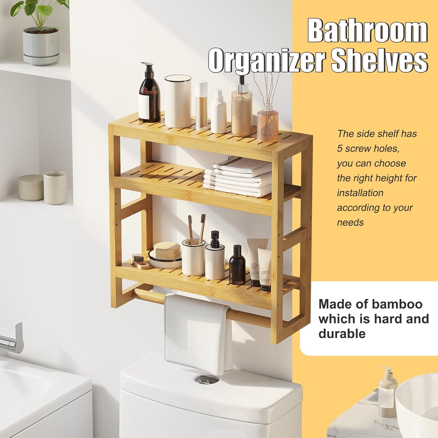 Bathroom Shelves with Hanging Bar Over Toilet - Adjustable Wall Organizer Natural