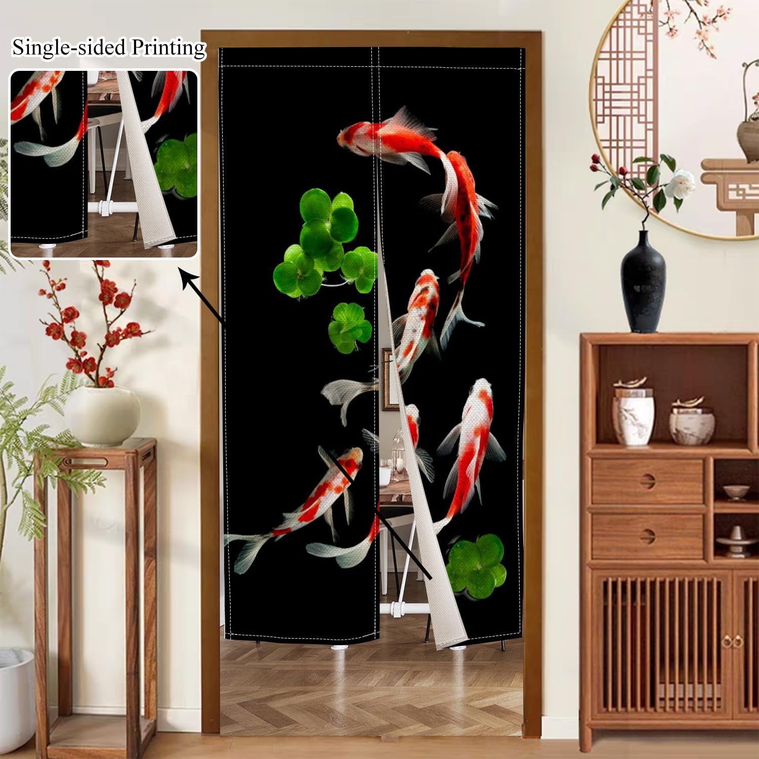 Japanese Noren Door Curtain with Golden Koi Pattern