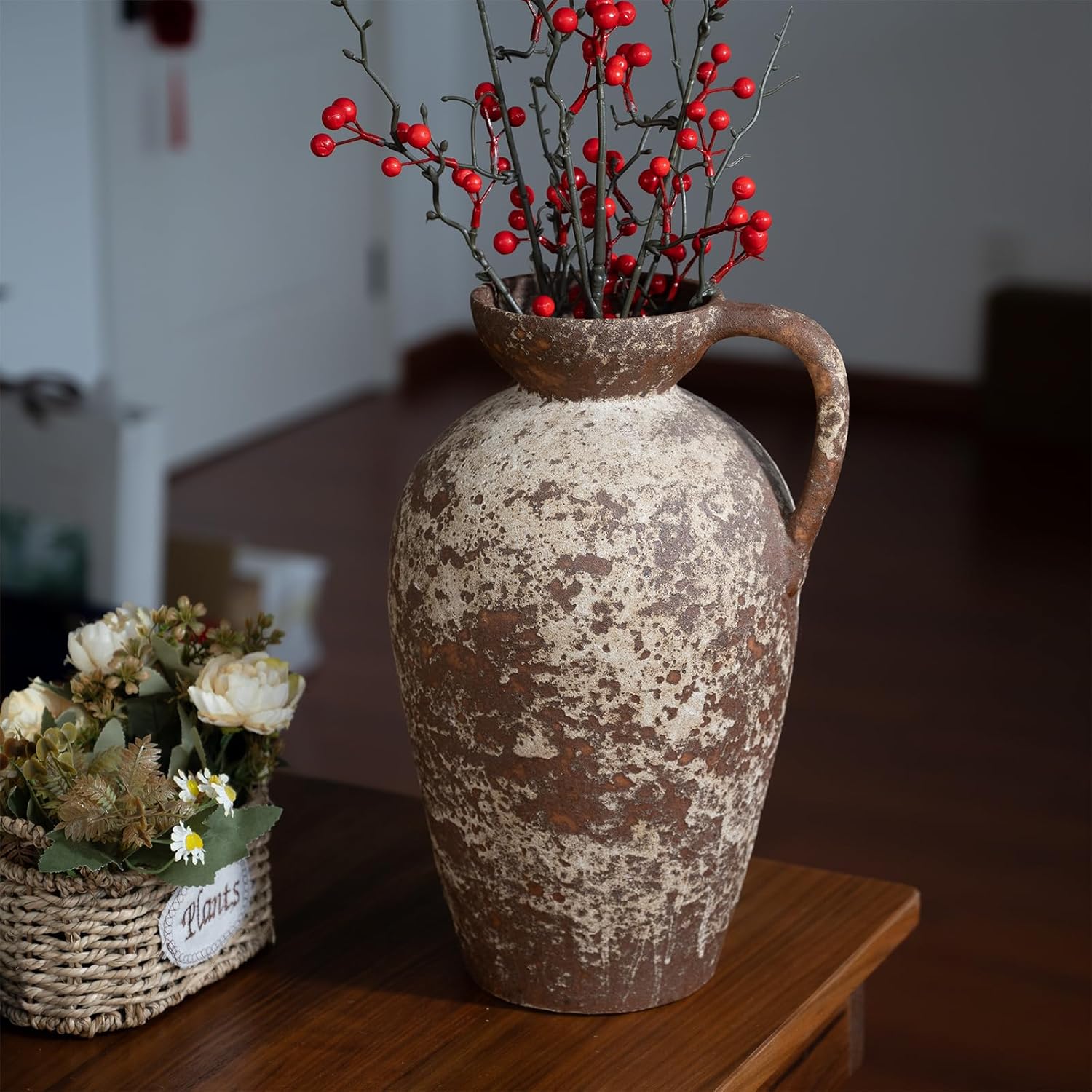 Brown Ceramic Rustic Farmhouse Vase with Handle