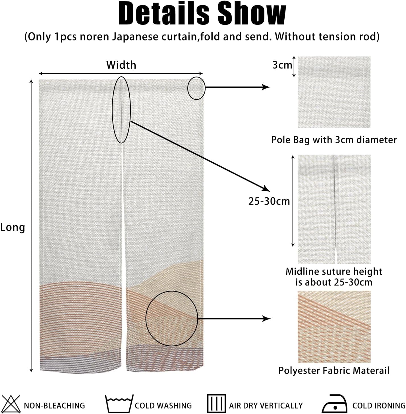 Japanese Noren Door Curtain Khaki Wave Design 34x48 Inches