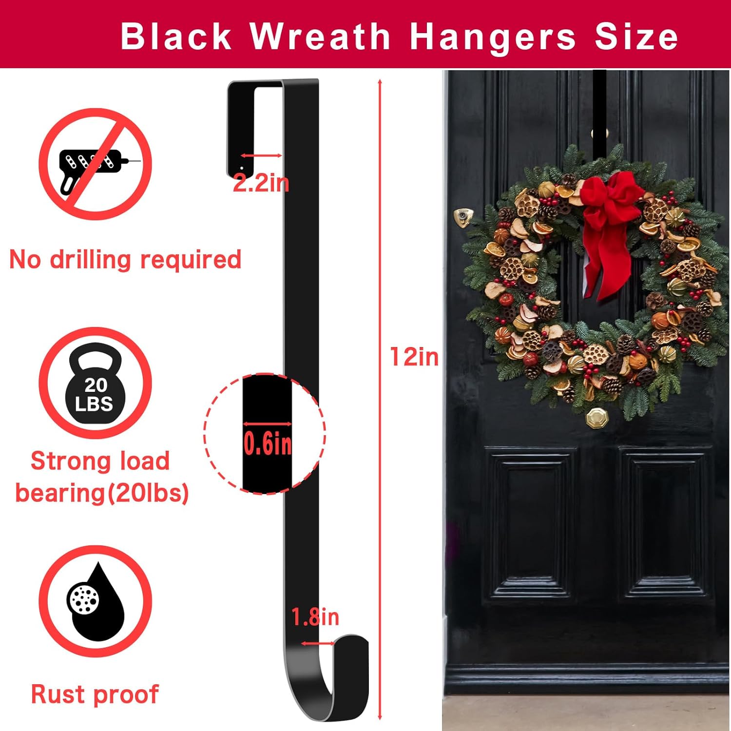 4 Pack Solid Black Wreath Hangers for Front Door