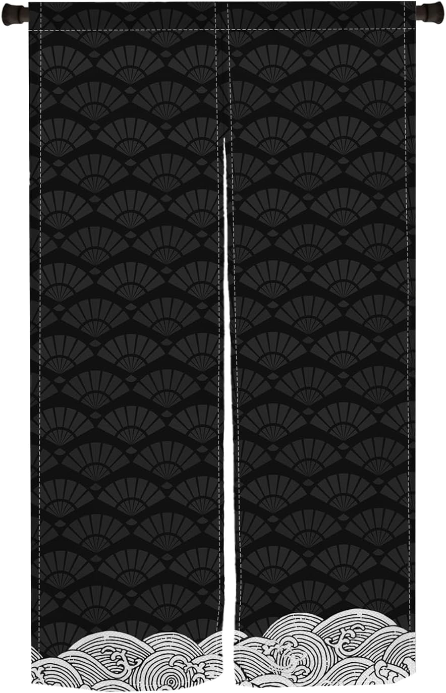 ChloropLastid Long Japanese Noren Curtain Black Beige Wave