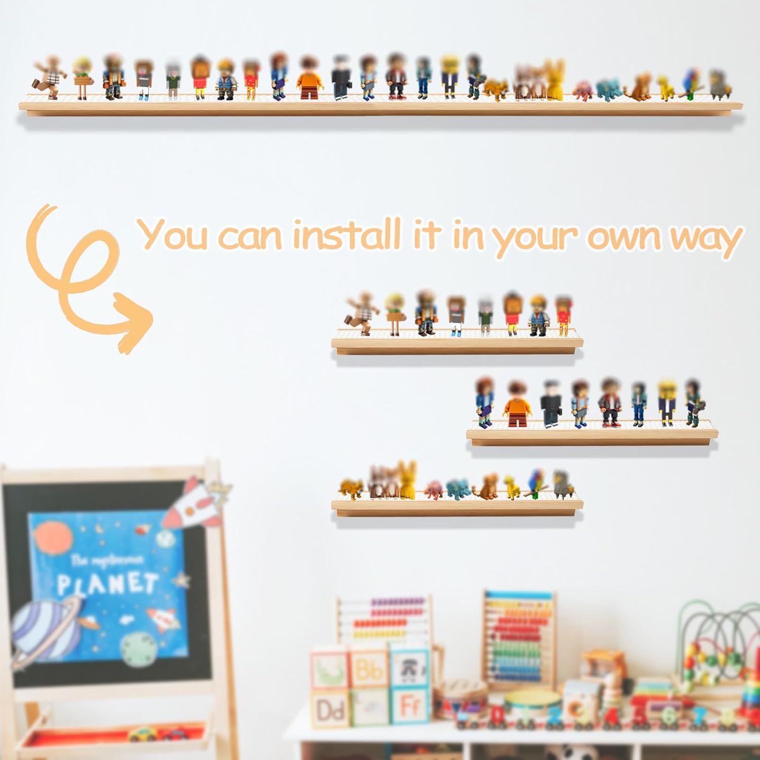 3-Pack Bamboo Floating Display Shelves for Minifigures