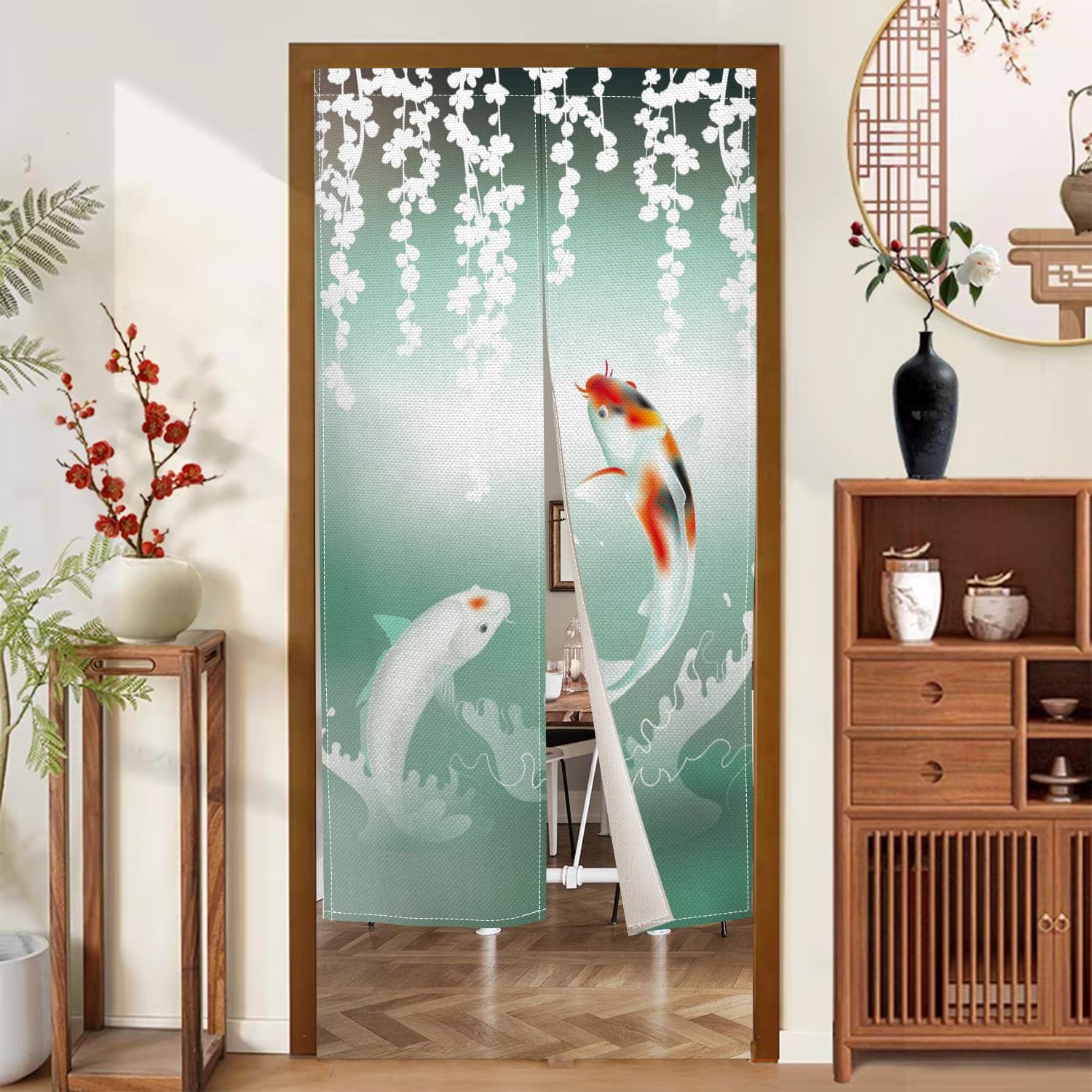 XMJJKUF Noren Door Curtain Brocade Fish Green 335x709