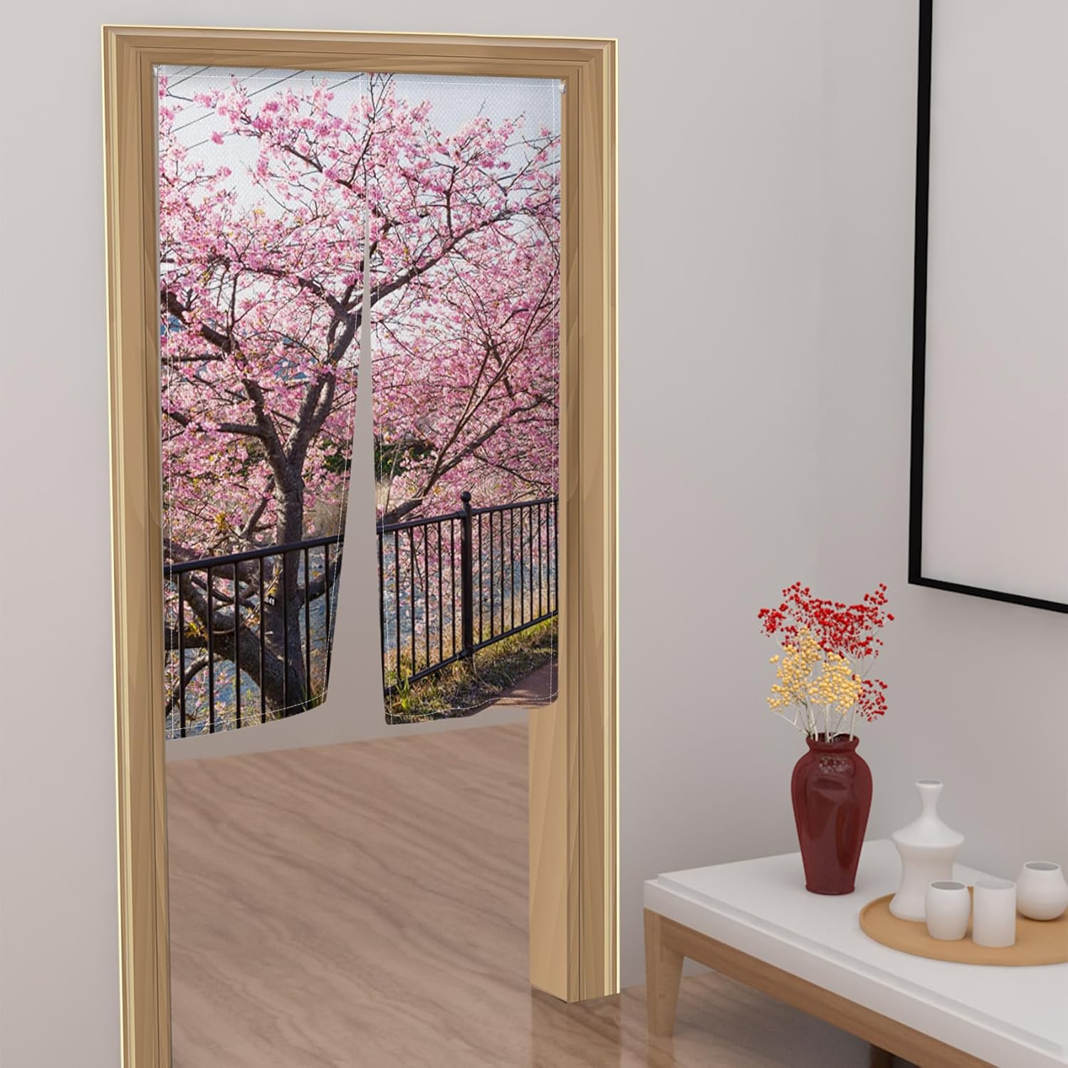 Leowefowa Japanese Noren Spring Pink Cherry Blossom Curtain Panel