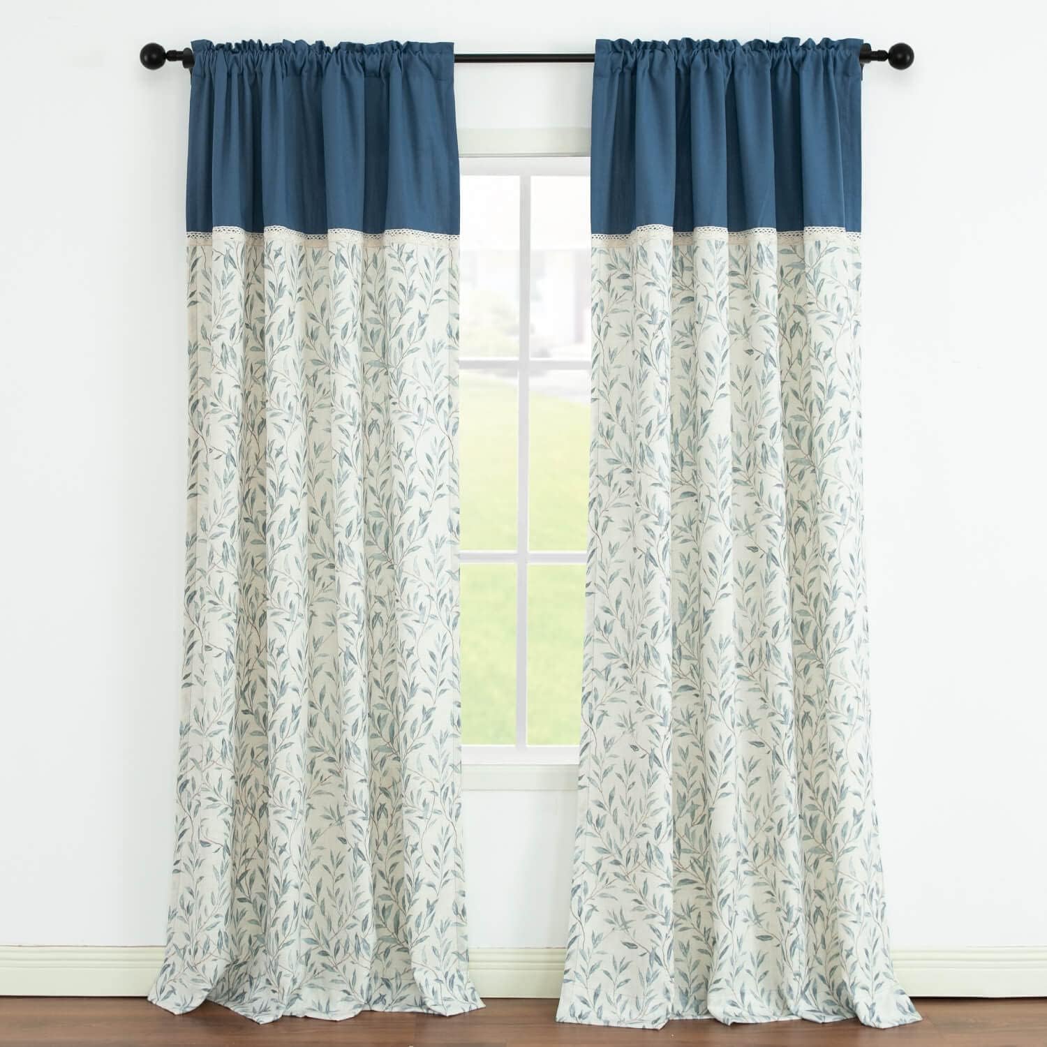 VOGOL Linen Textured Curtains with Leaves Print and Lace Border