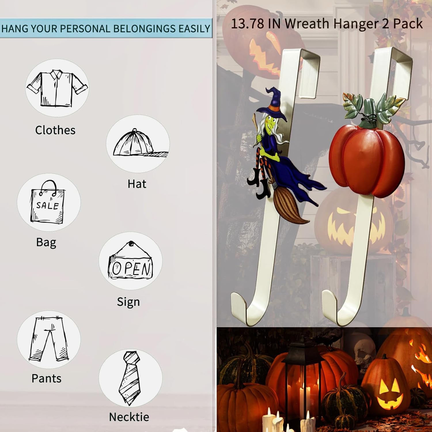 2 Pack Fall Wreath Door Hanger with Pumpkin Witch