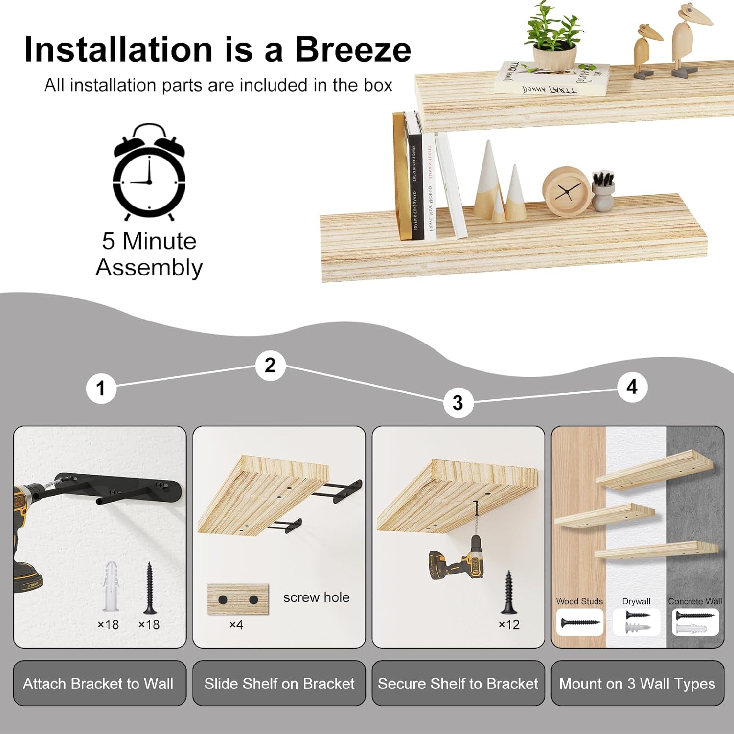 BOFIRE Floating Wall Shelves - 17 Inch Solid Wood Decor