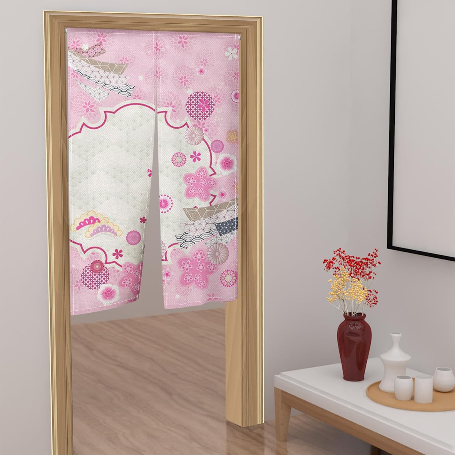 Traditional Japanese Noren Door Curtain Pink Flowers Print 34x60