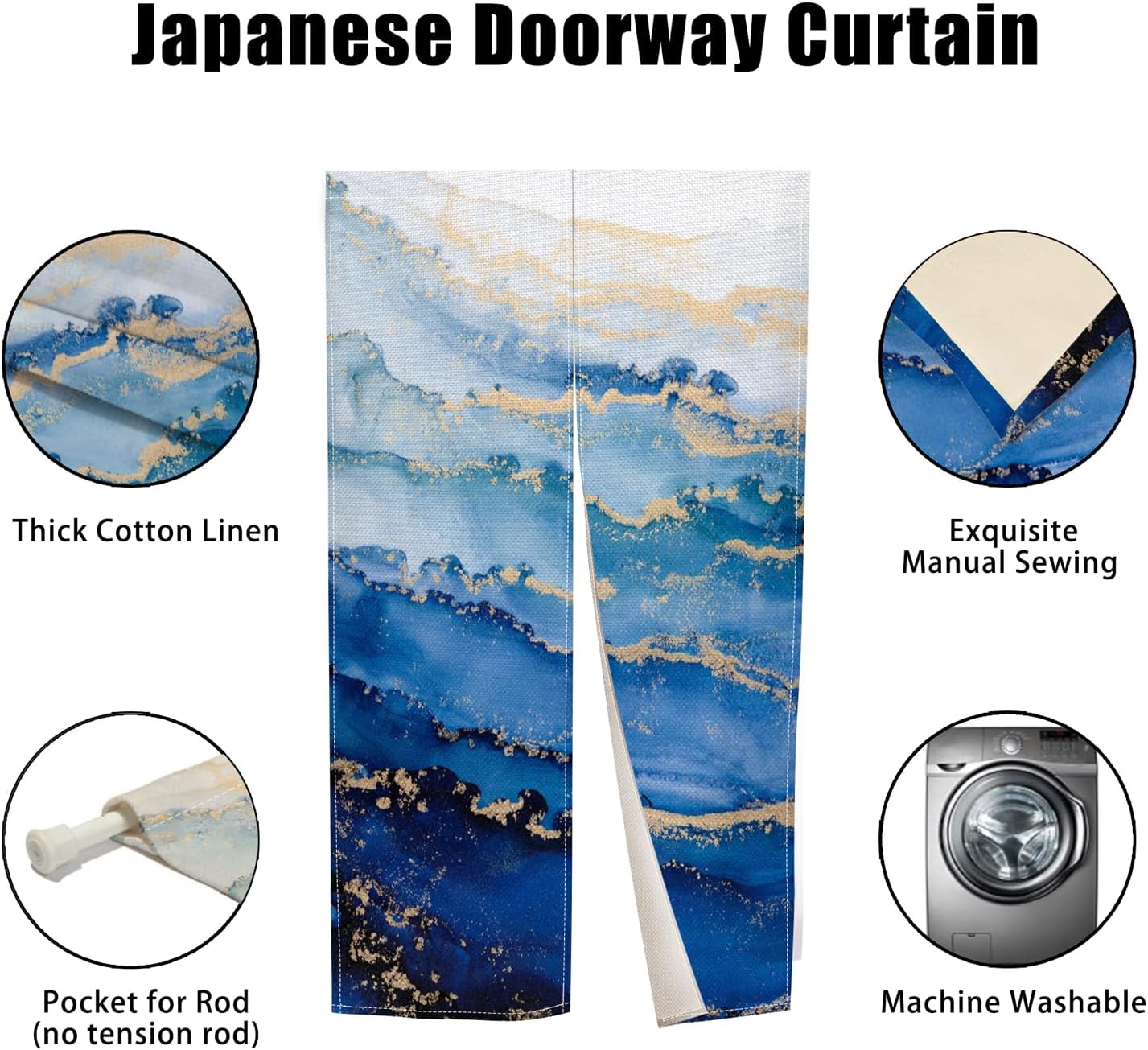 Japanese Doorway Curtain 335 x 59 Wave Gold Trim